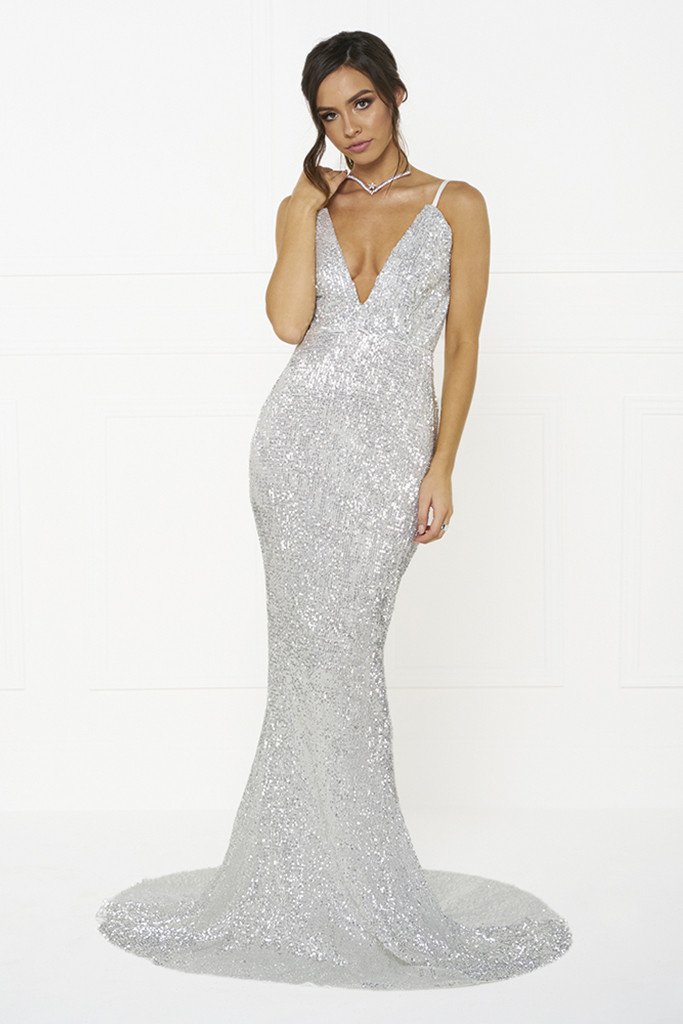Honey Couture ROSALIE Silver Low Back Sequin Formal Gown Dress Honey Couture$ AfterPay Humm ZipPay LayBuy Sezzle