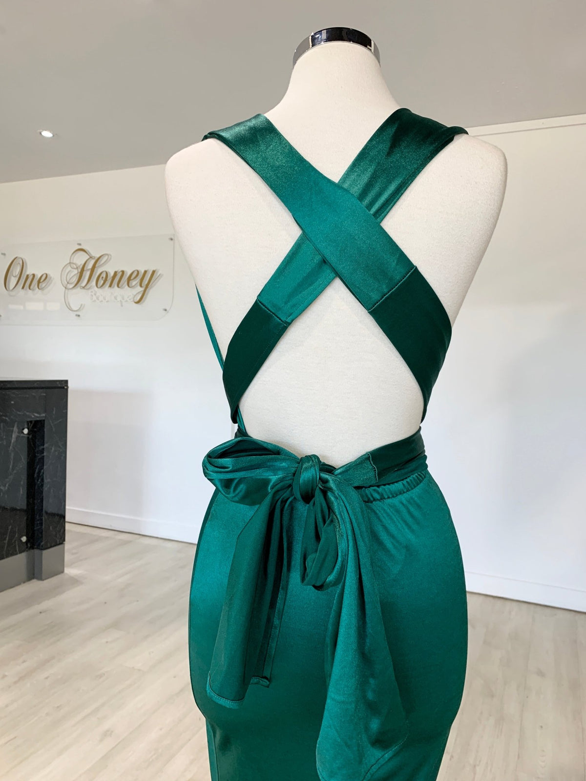 Honey Couture BLOSSUM Green Multi Tie Evening Gown Dress in Australia | One Honey Boutique