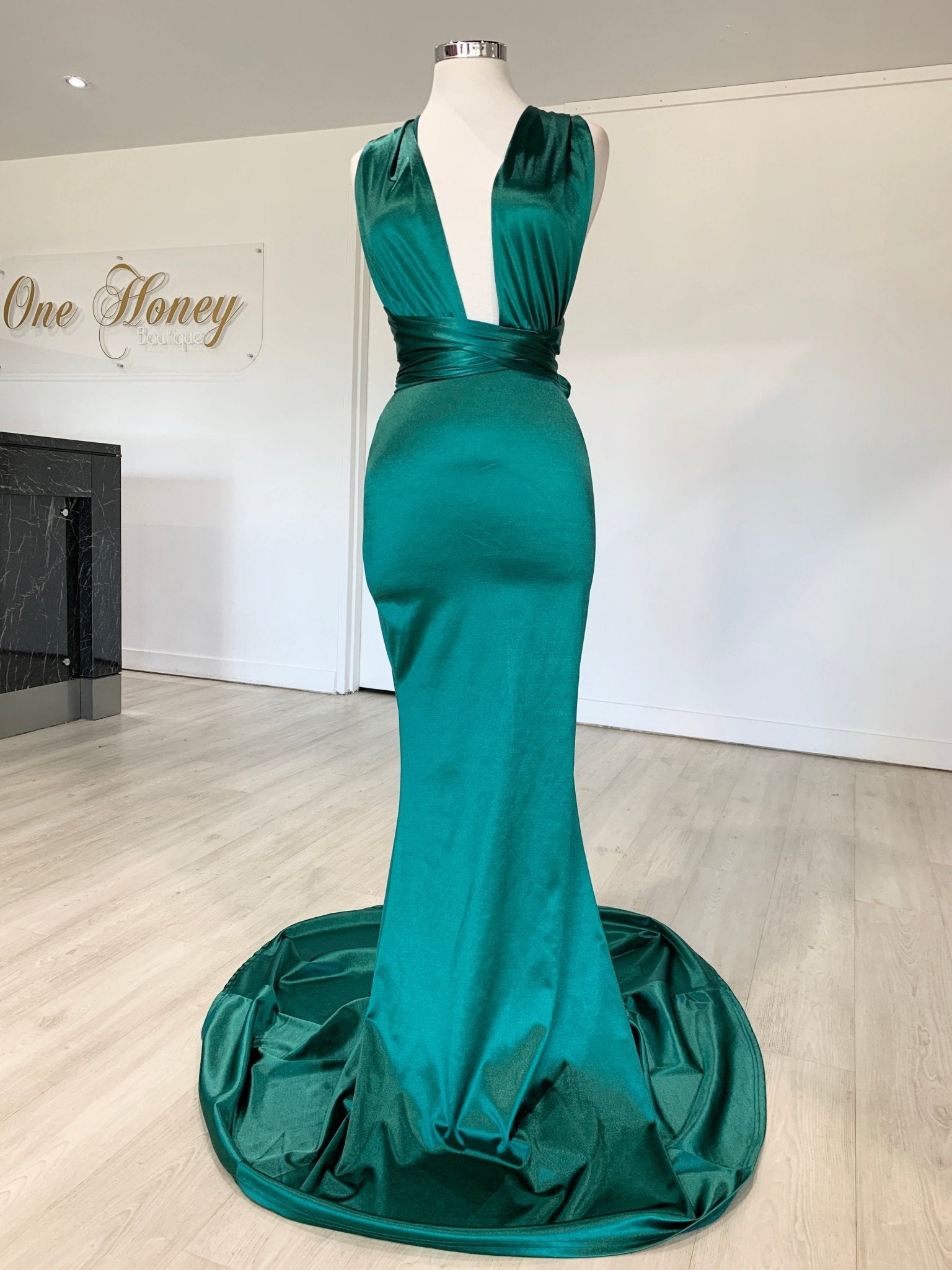 Honey Couture BLOSSUM Green Multi Tie Evening Gown Dress in Australia | One Honey Boutique