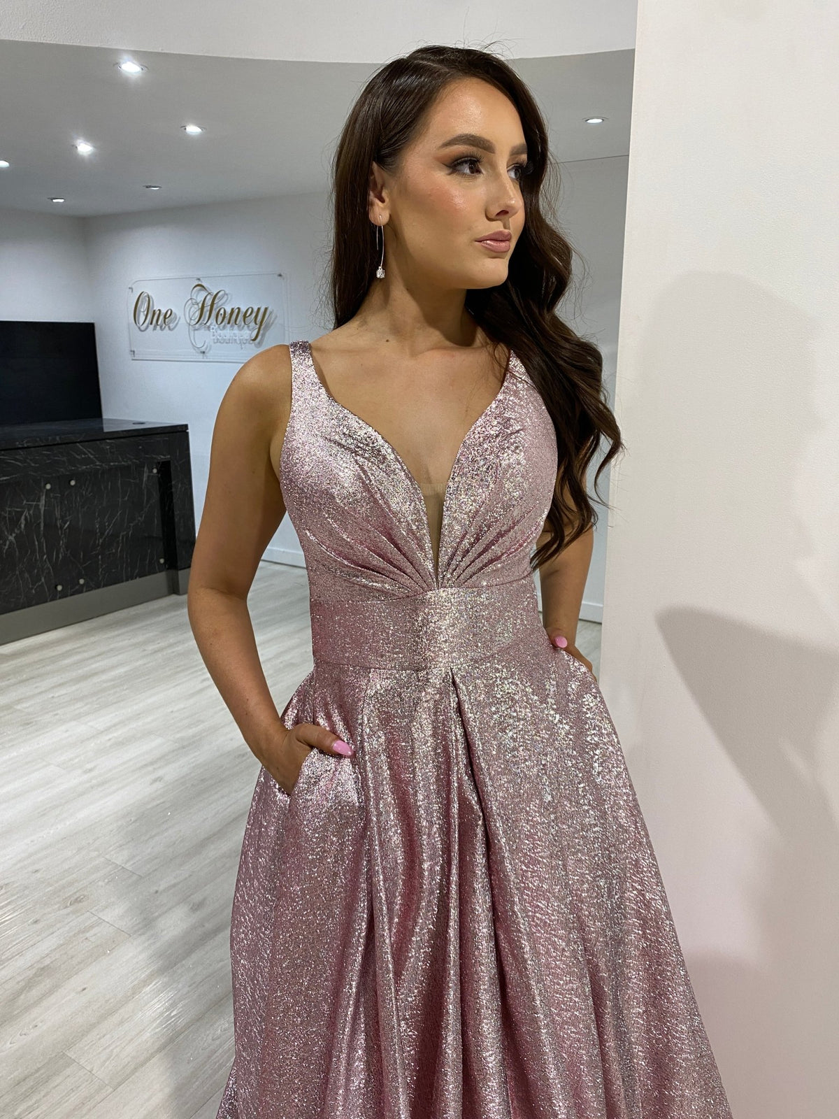 Honey Couture LORI Metallic Blush Pink Ball Gown Formal Dress in Australia | One Honey Boutique