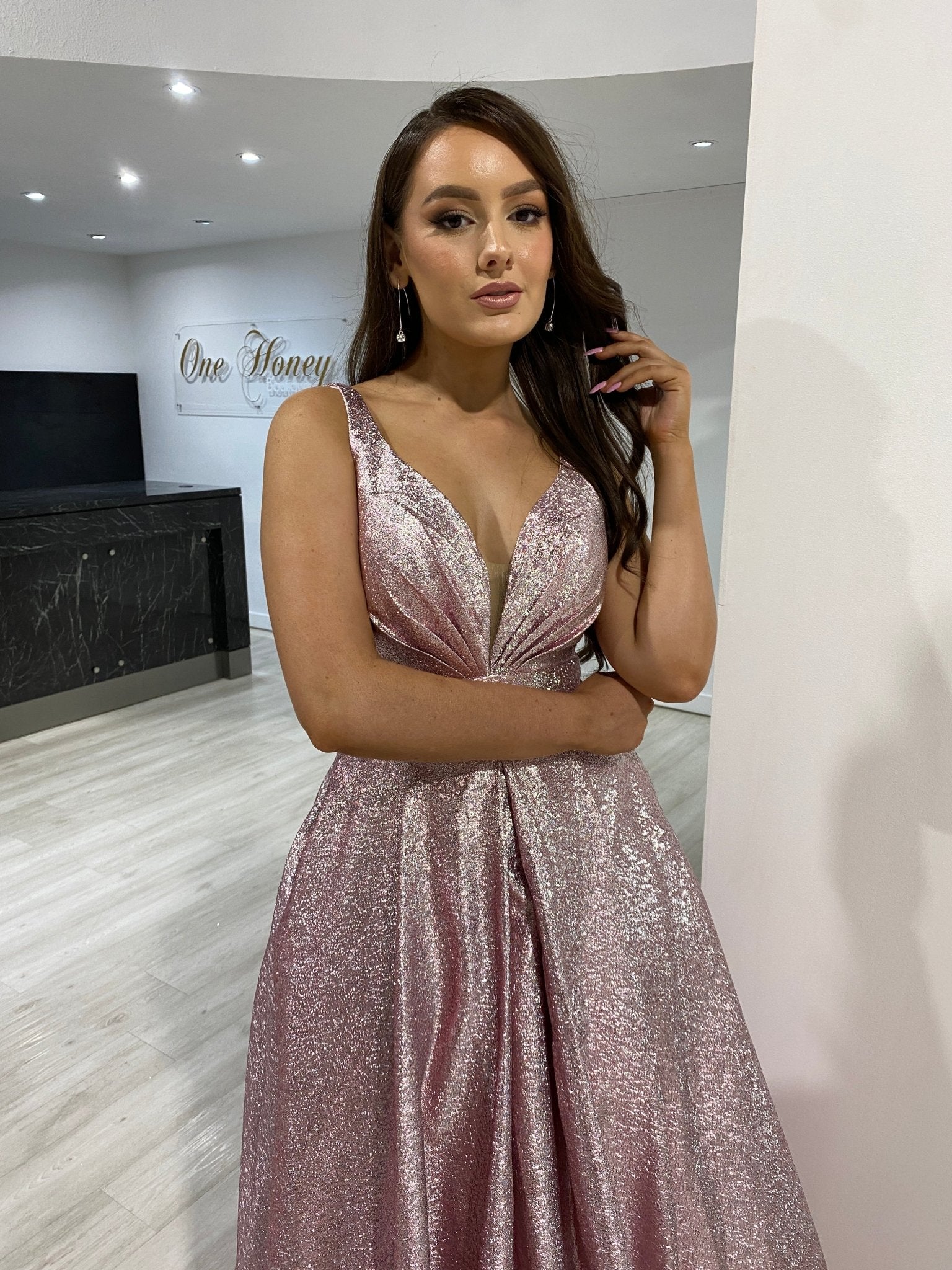 Honey Couture LORI Metallic Blush Pink Ball Gown Formal Dress in Australia | One Honey Boutique