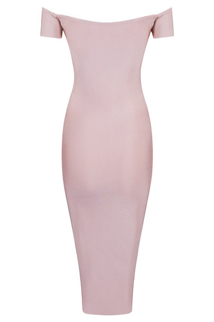 Honey Couture OLIVIA Baby Pink Off Shoulder Bandage Midi Dress in Australia | One Honey Boutique