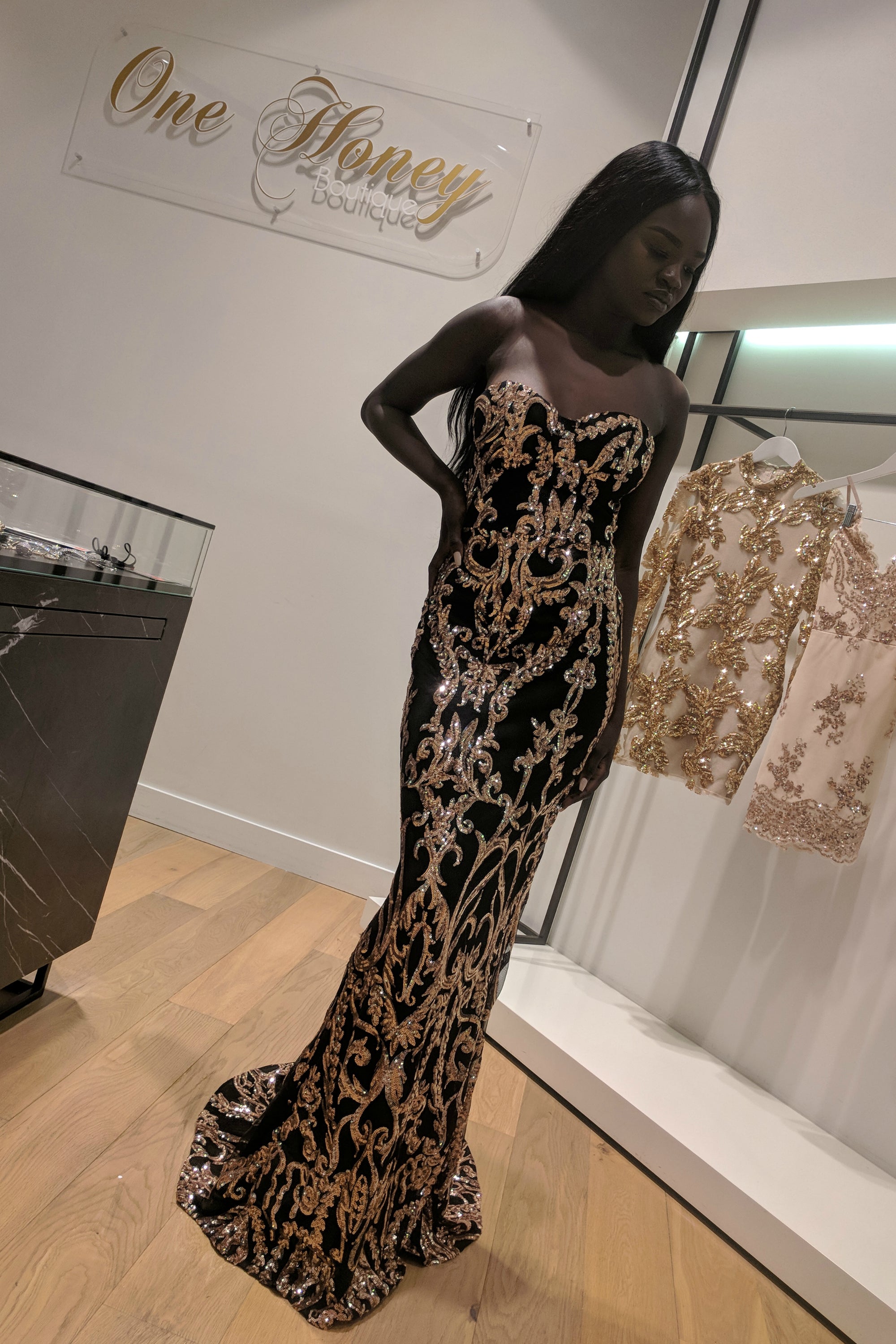 Honey Couture LA ROSA Rose Gold Strapless Sequin Evening Gown Dress Honey Couture$ AfterPay Humm ZipPay LayBuy Sezzle
