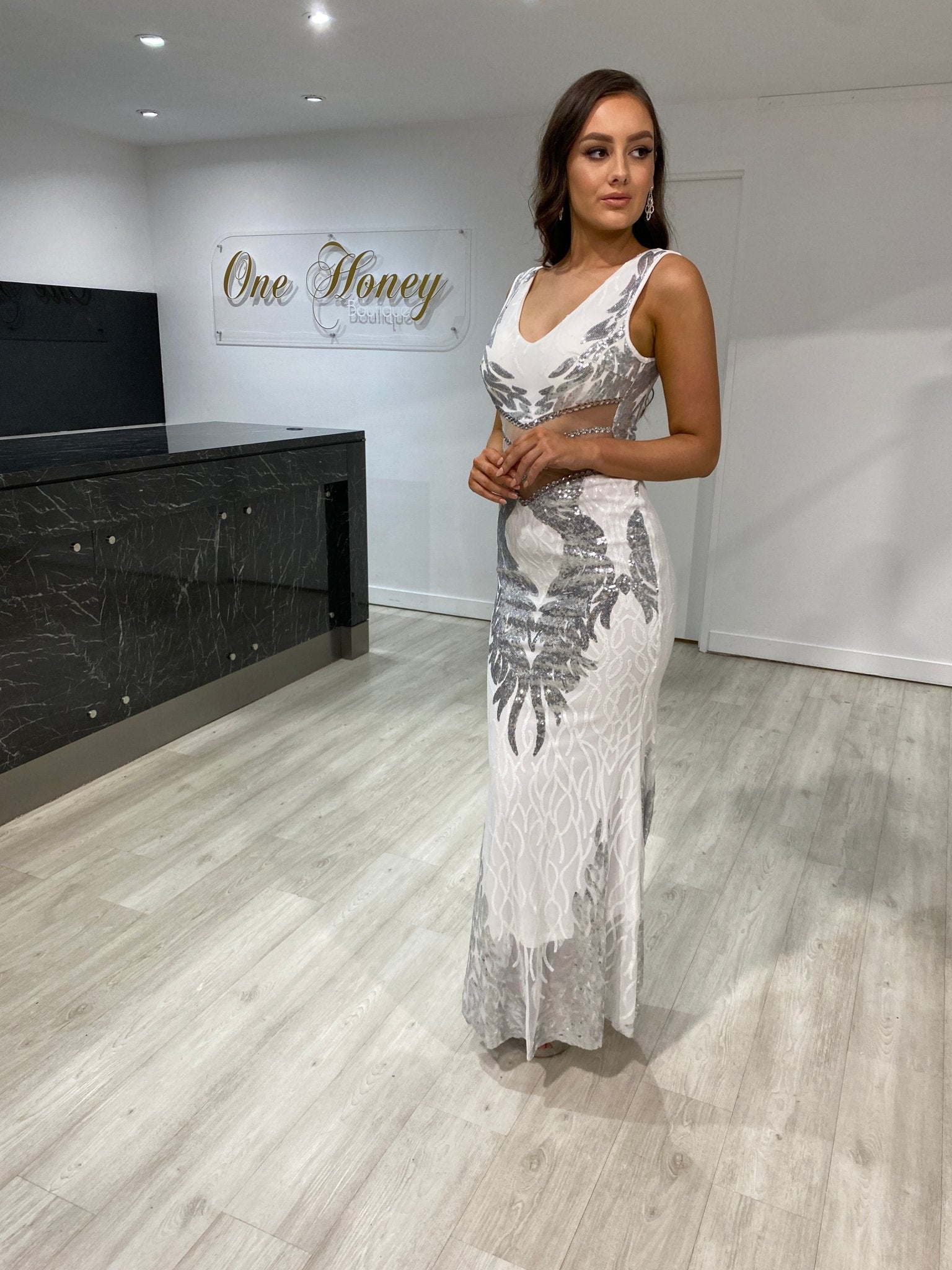 Honey Couture LEIGHTON White Mesh Sequin Formal Dress in Australia | One Honey Boutique