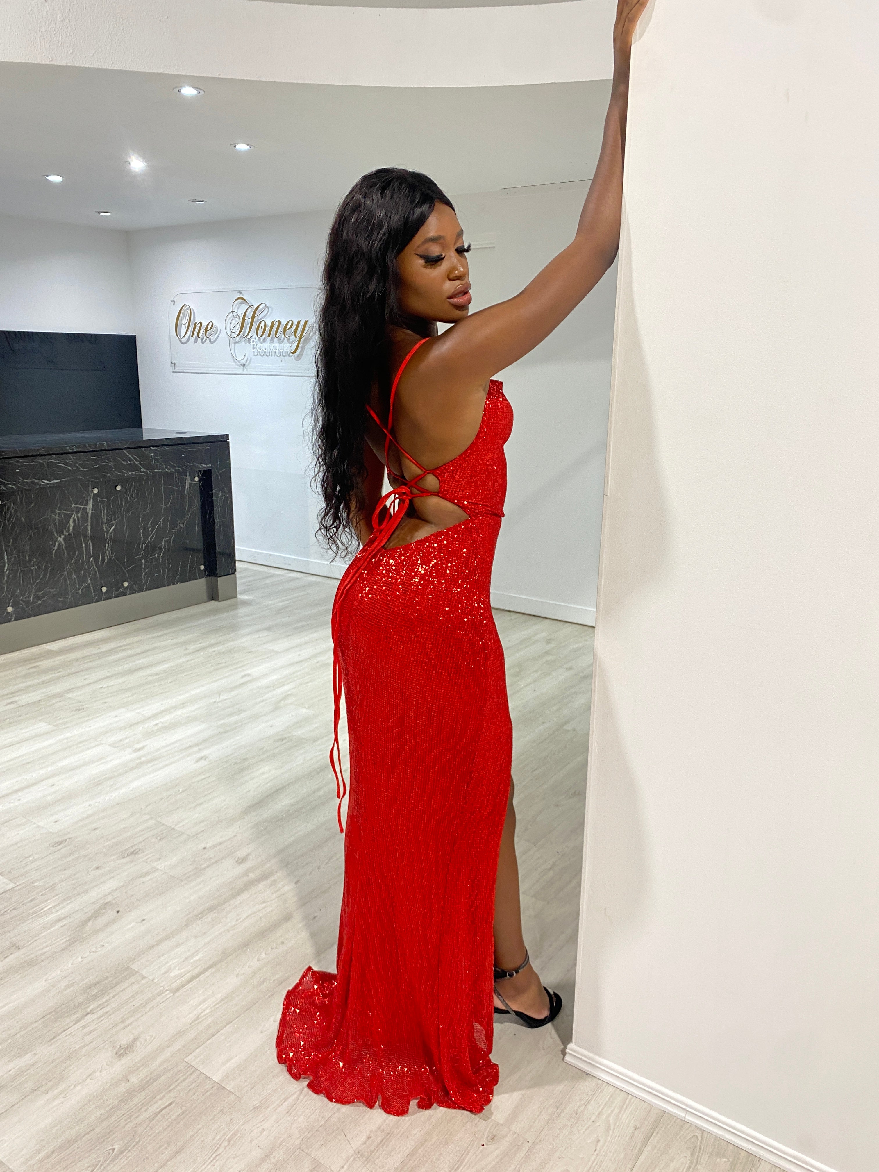 Honey Couture ANGELIQUE Red Sequin Lace Up Open Back Formal Dress