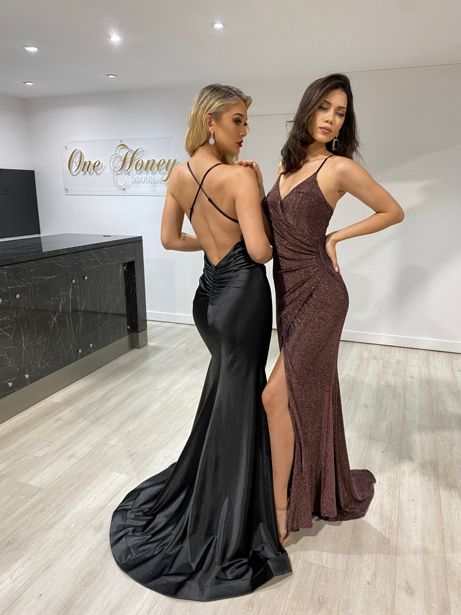 The BELINDA Copper Ruching Mermaid Evening Gown Dress in Australia | One Honey Boutique