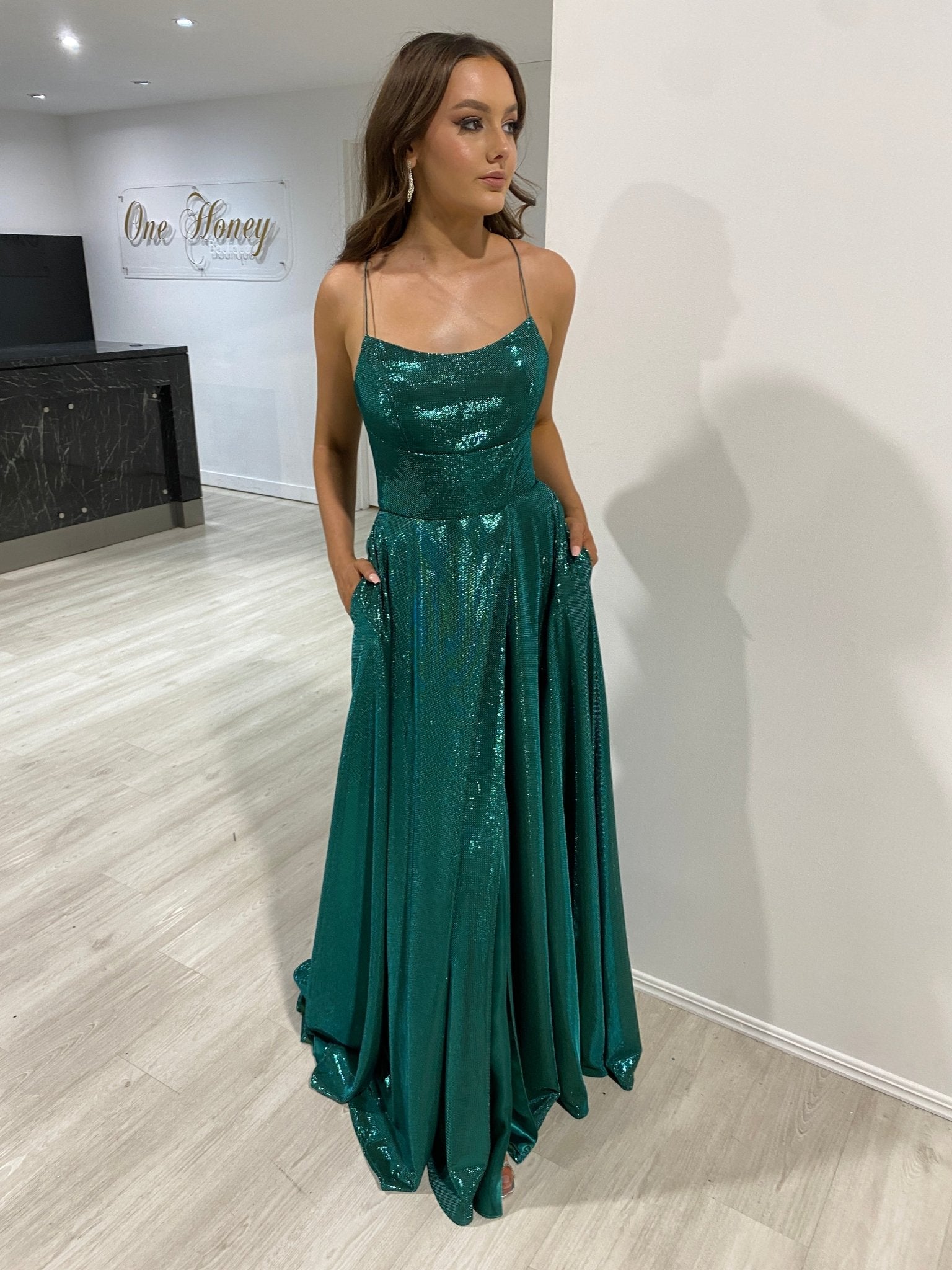 Honey Couture KYLA Emerald Green Shimmer Lace Up Back Formal Gown Dress in Australia | One Honey Boutique