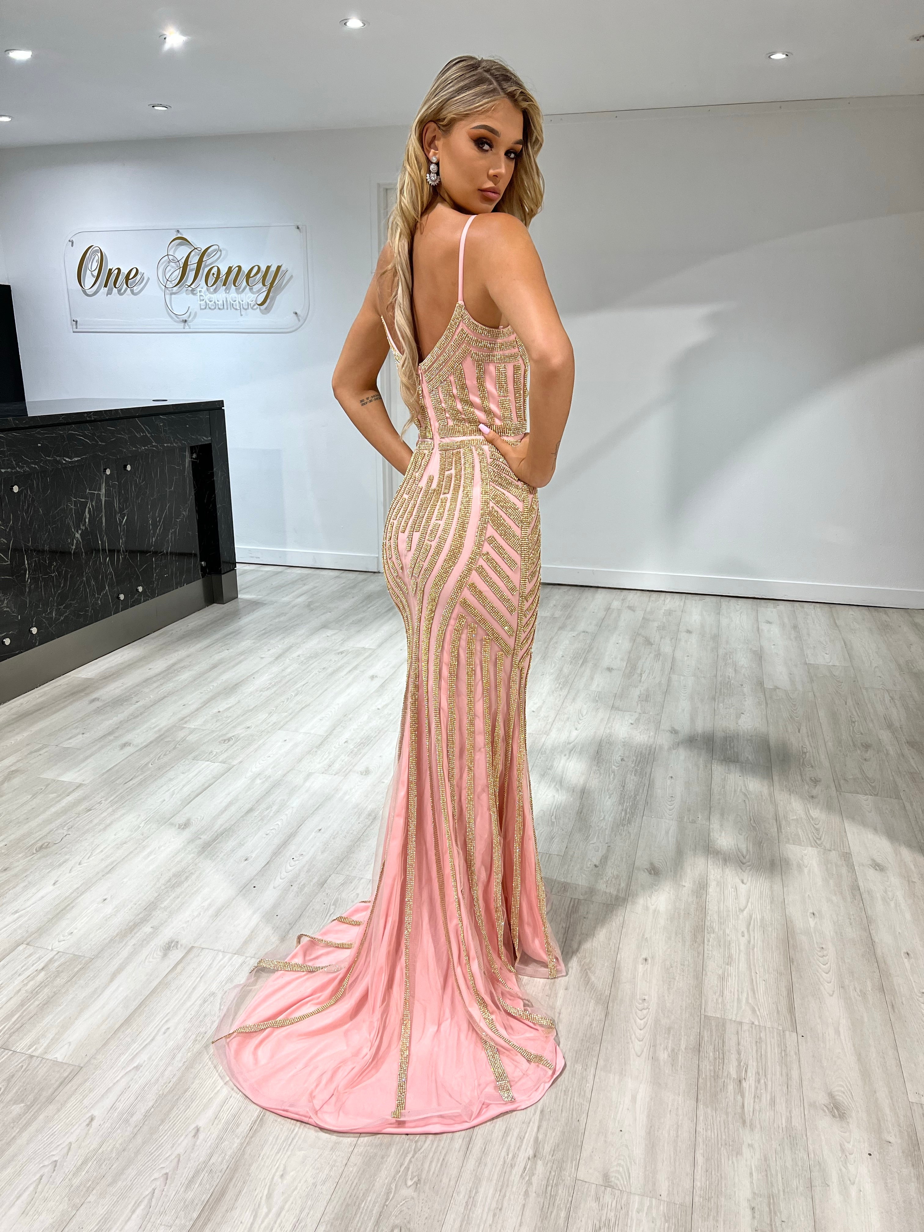 Honey Couture DIAMONDS Pink Sequin Mermaid Formal Gown Dress