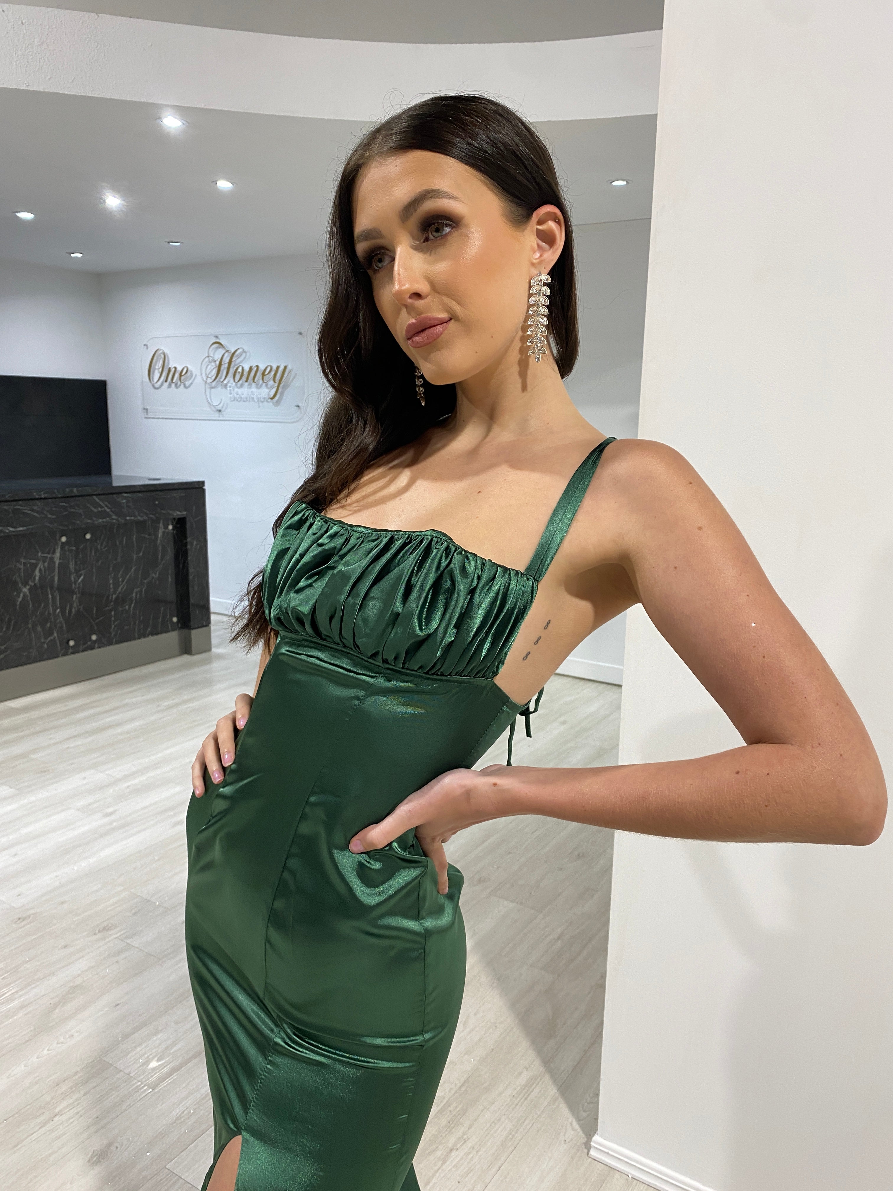 Honey Couture JENNA Emerald Green Silky Mermaid Gown