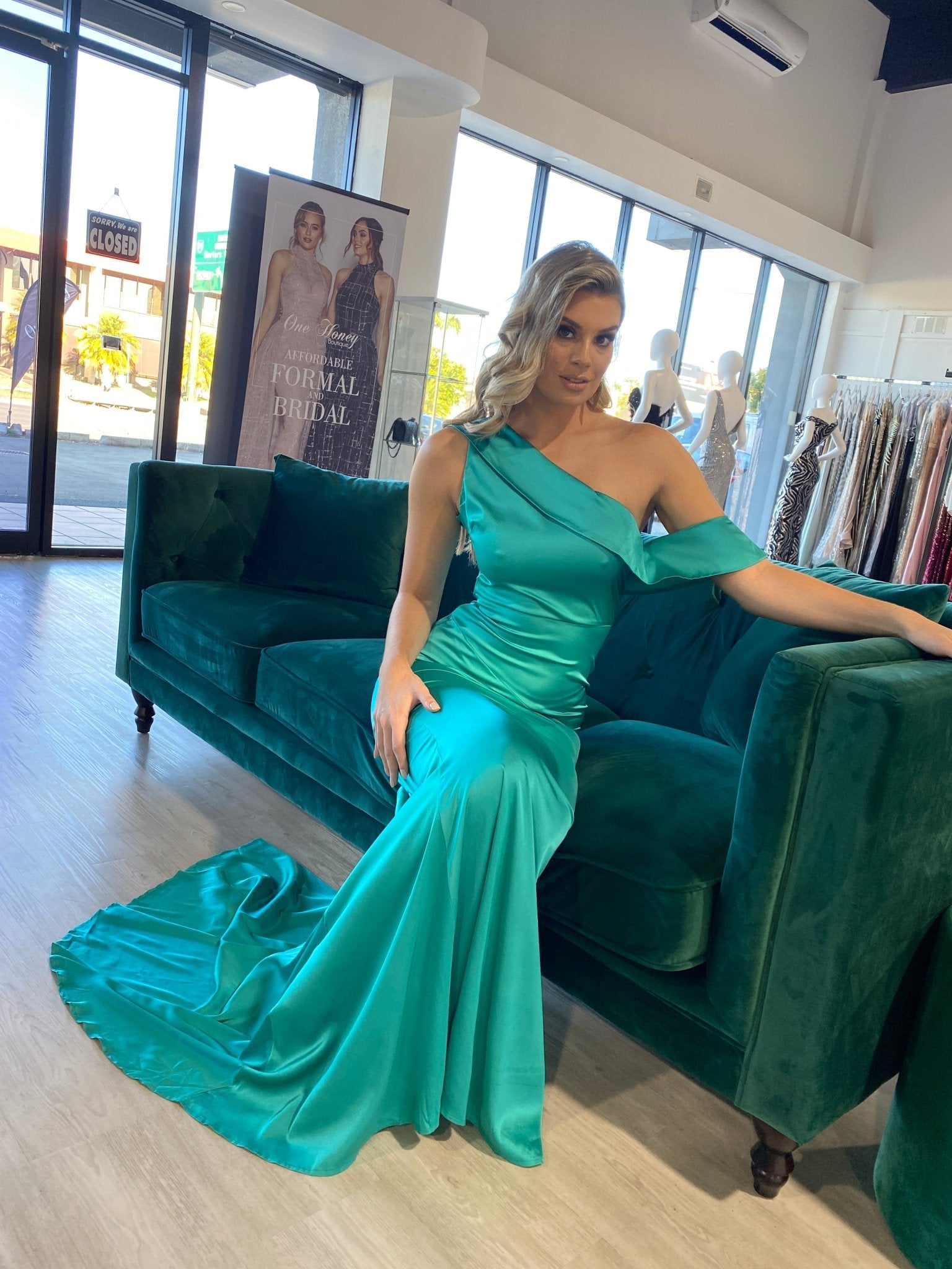 green satin fit and flare dress Popular Green Satin Mermaid One Shoulder Cheap Long Custom Bridesmaid –  MarryLover main image 1