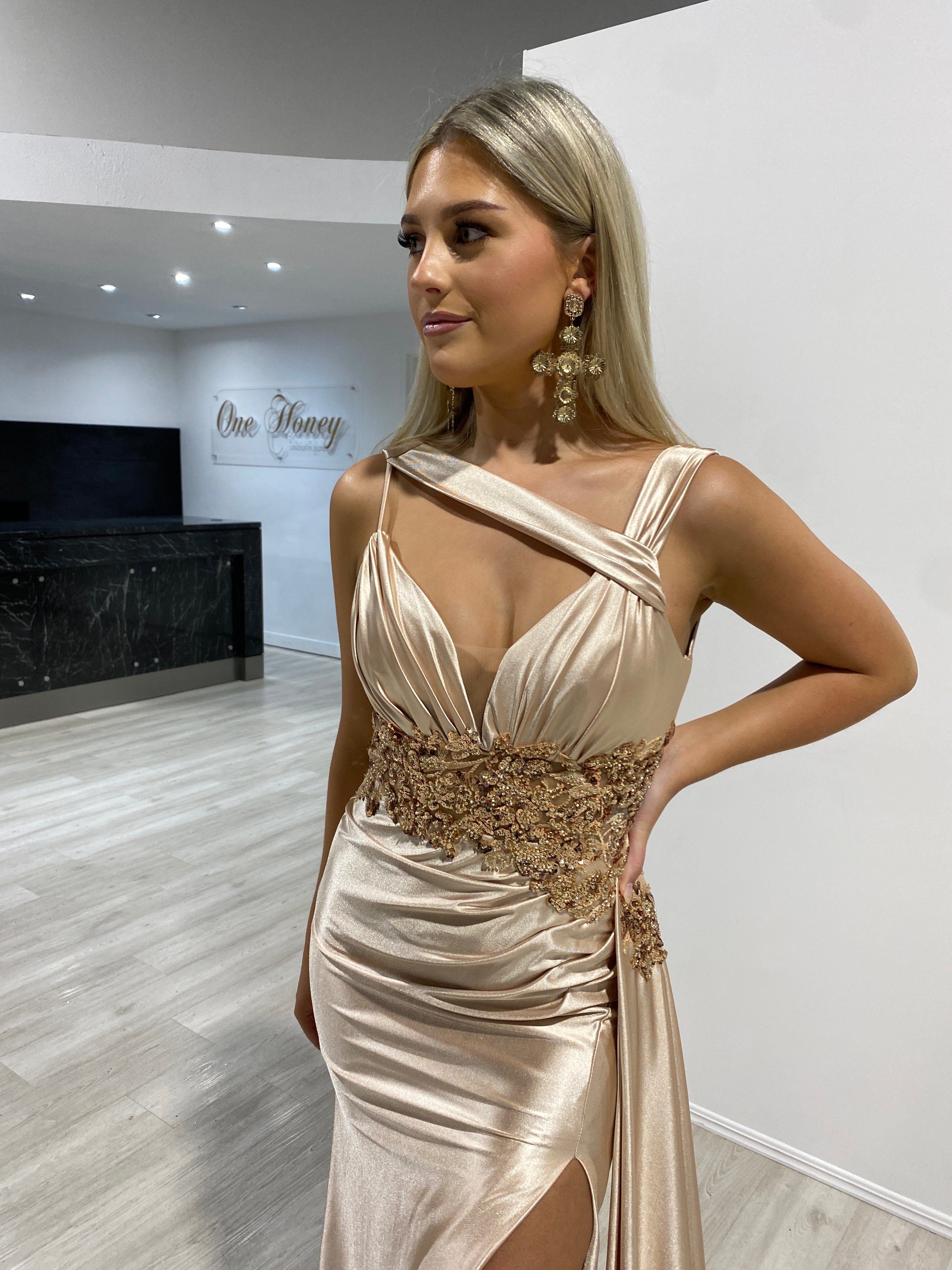 Honey Couture APHRODITE Champagne Embellished Corset Satin Mermaid Formal Dress
