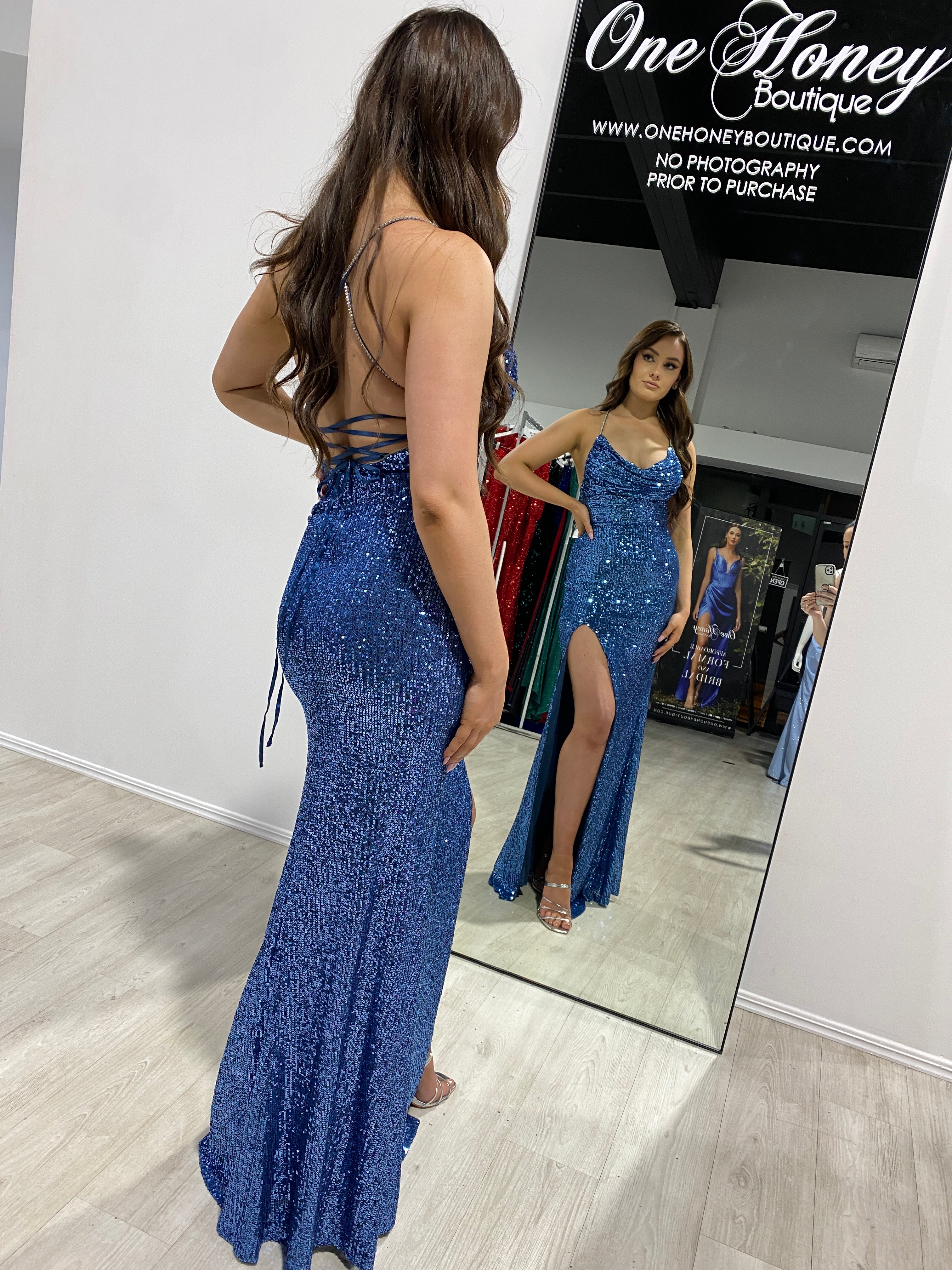 Honey Couture CELESTE Lapis Blue Diamante Strap Sequin Lace Up Formal Dress