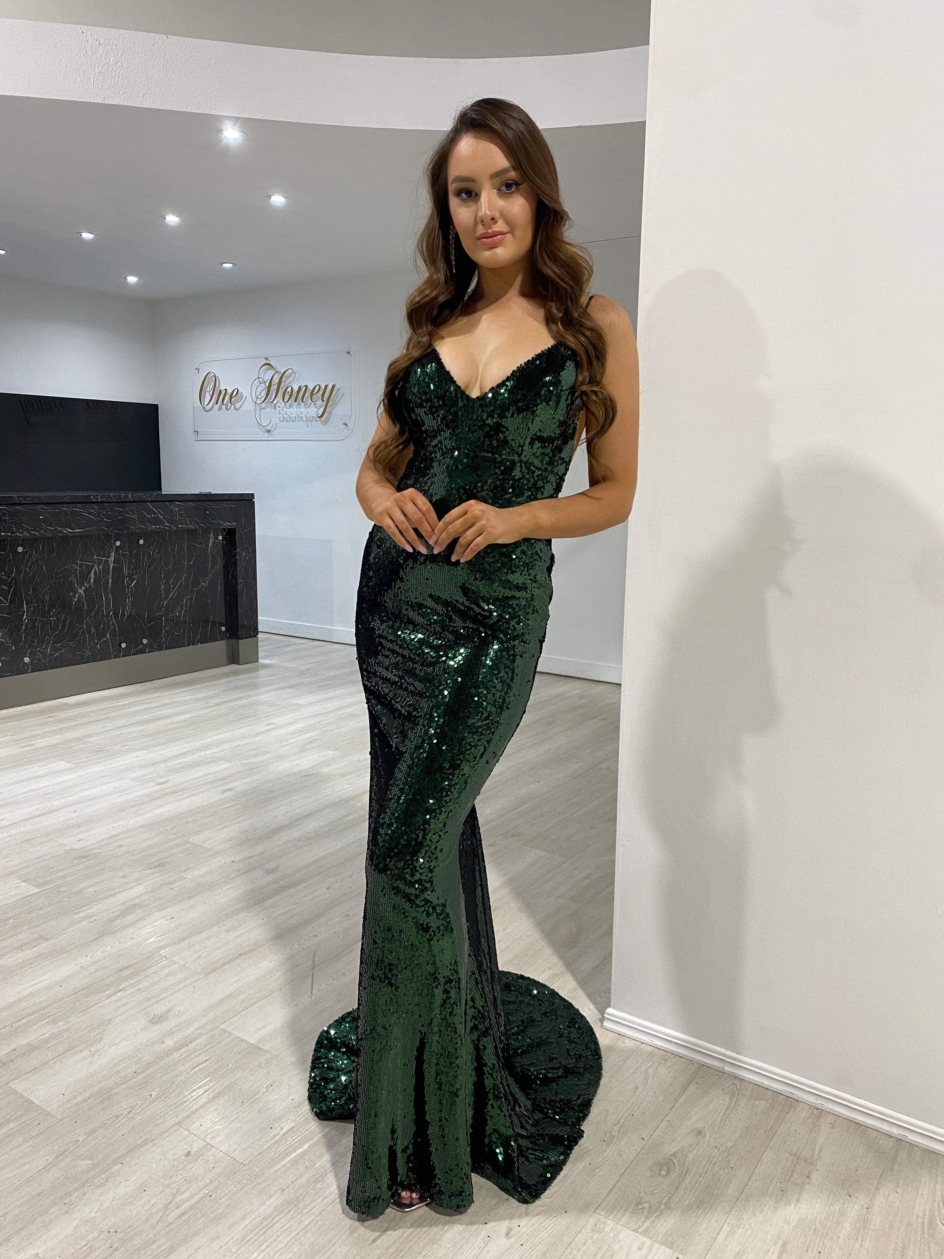 Honey Couture KASIA Emerald Sequin Open Back Mermaid Evening Gown Dress