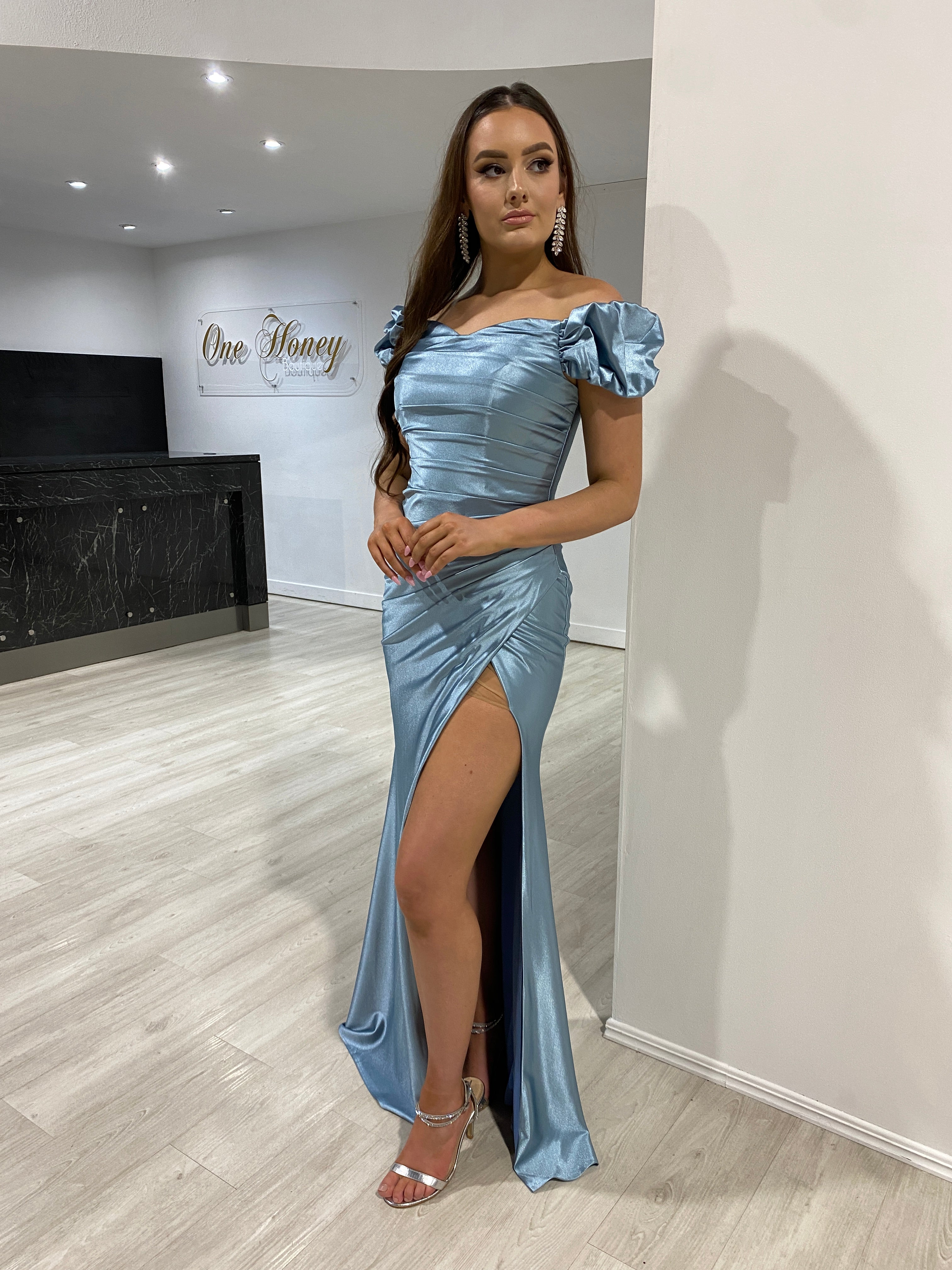 Honey Couture ROBIN Dusty Blue Silky Off Shoulder Formal Dress