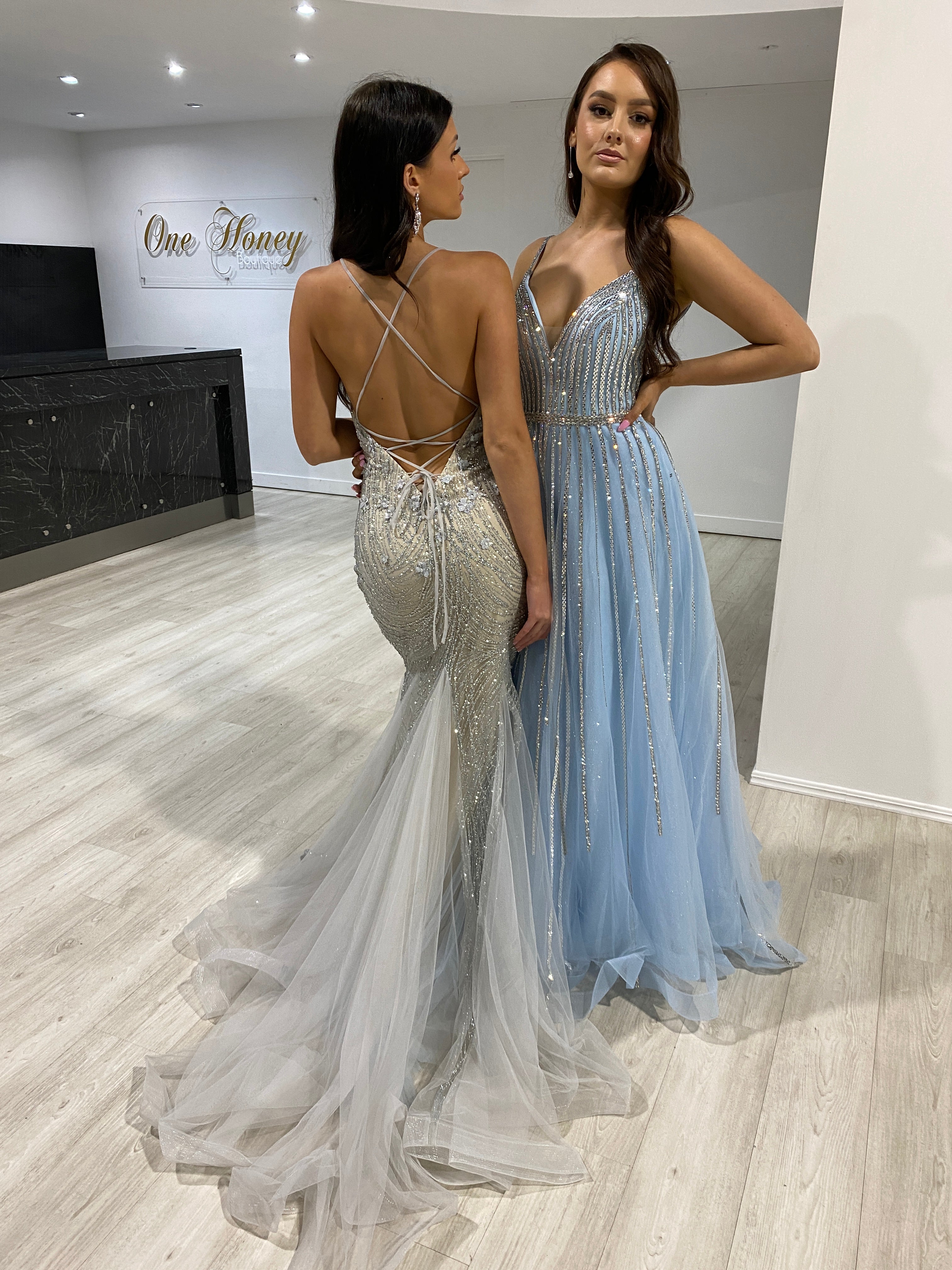 Honey Couture CHARLISE Blue A Line Diamante Ballgown Formal Dress