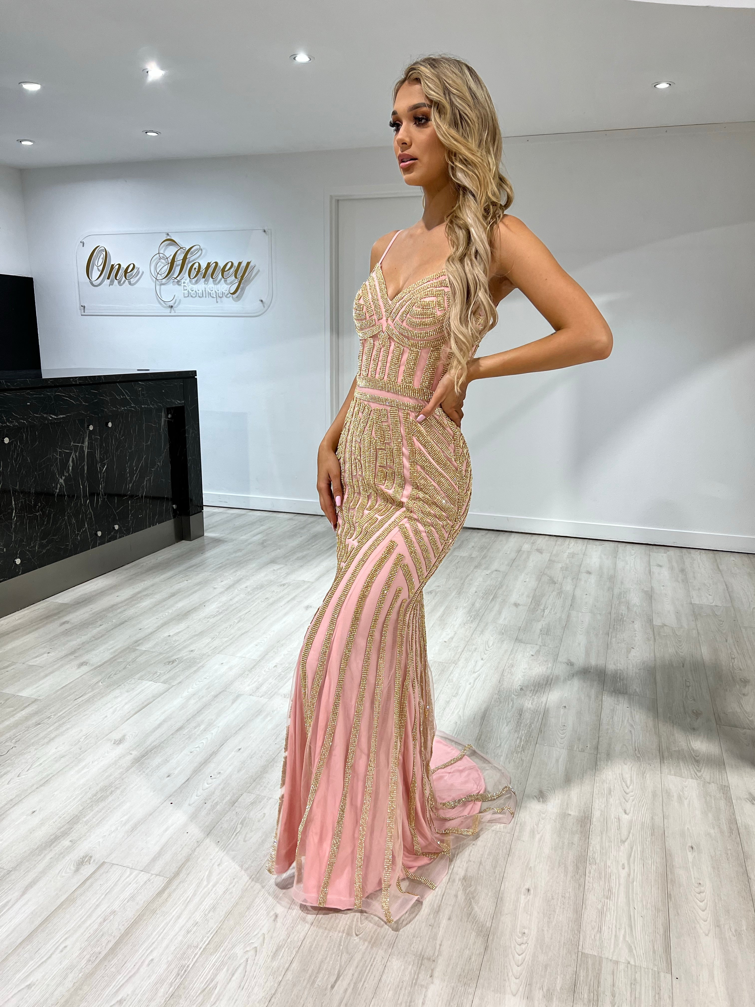 Honey Couture DIAMONDS Pink Sequin Mermaid Formal Gown Dress