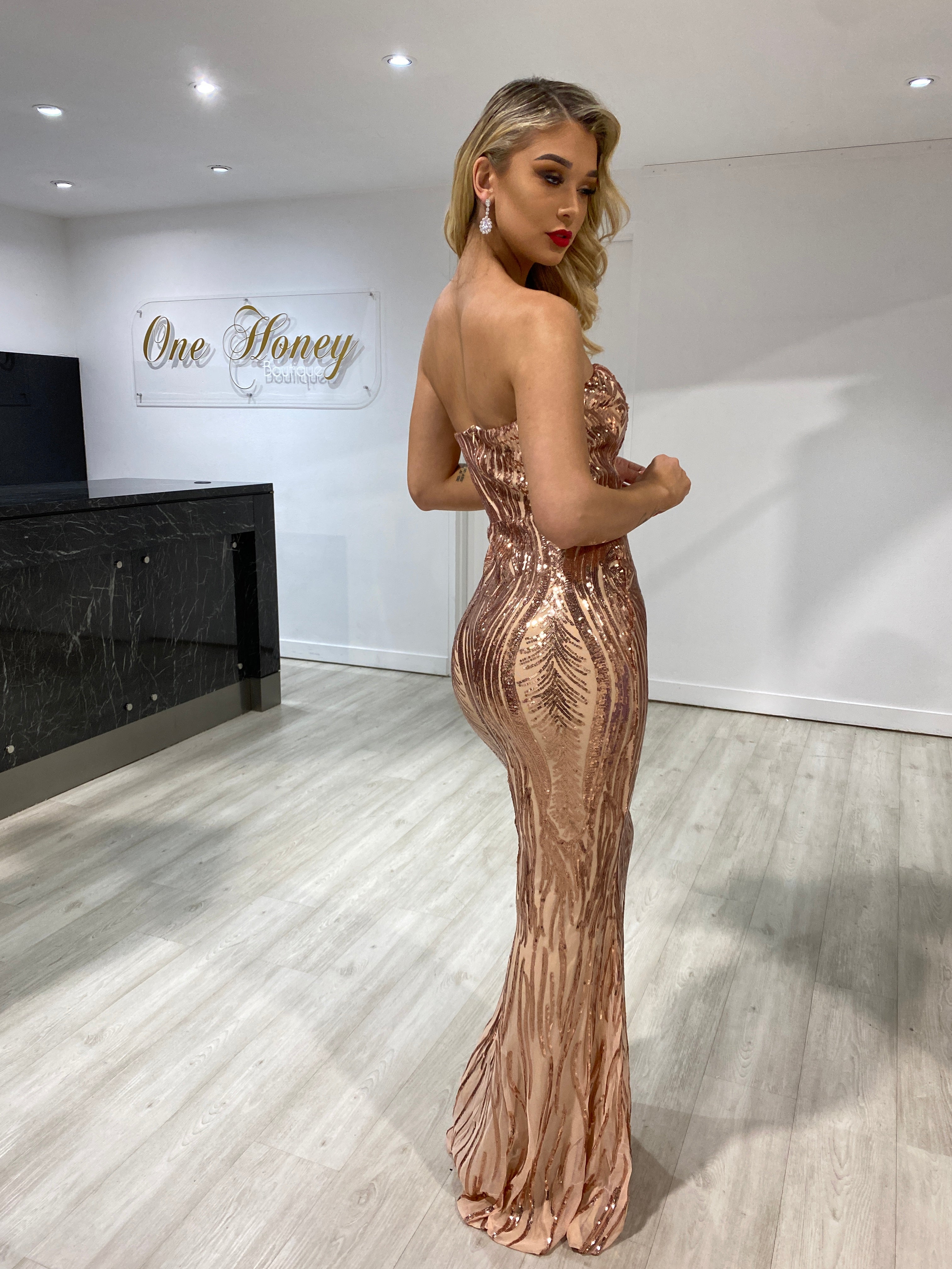 Honey Couture GWEN Gold Sequin Strapless Formal Dress