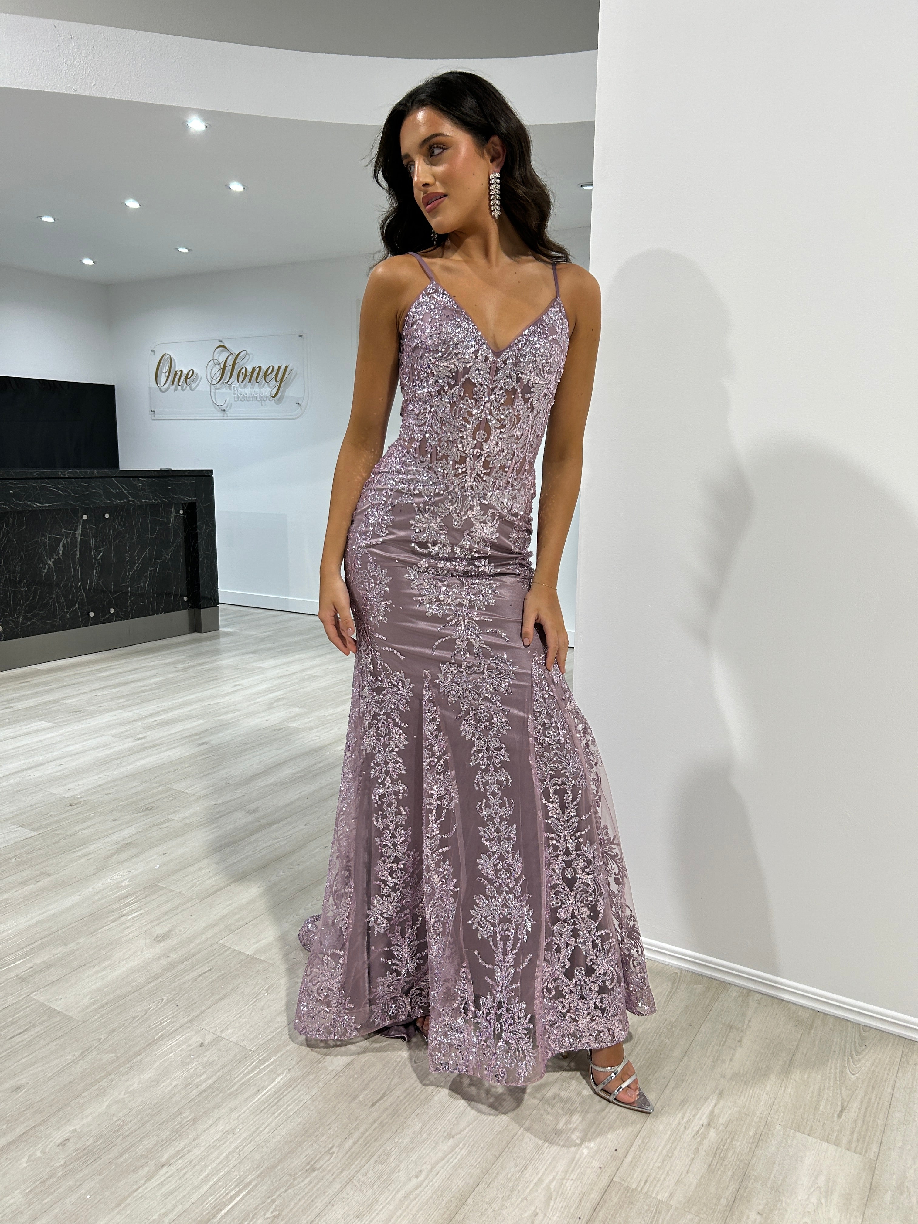 Honey Couture CAROLE Dusty Lavender Sequin Corset Mermaid Formal Gown Dress