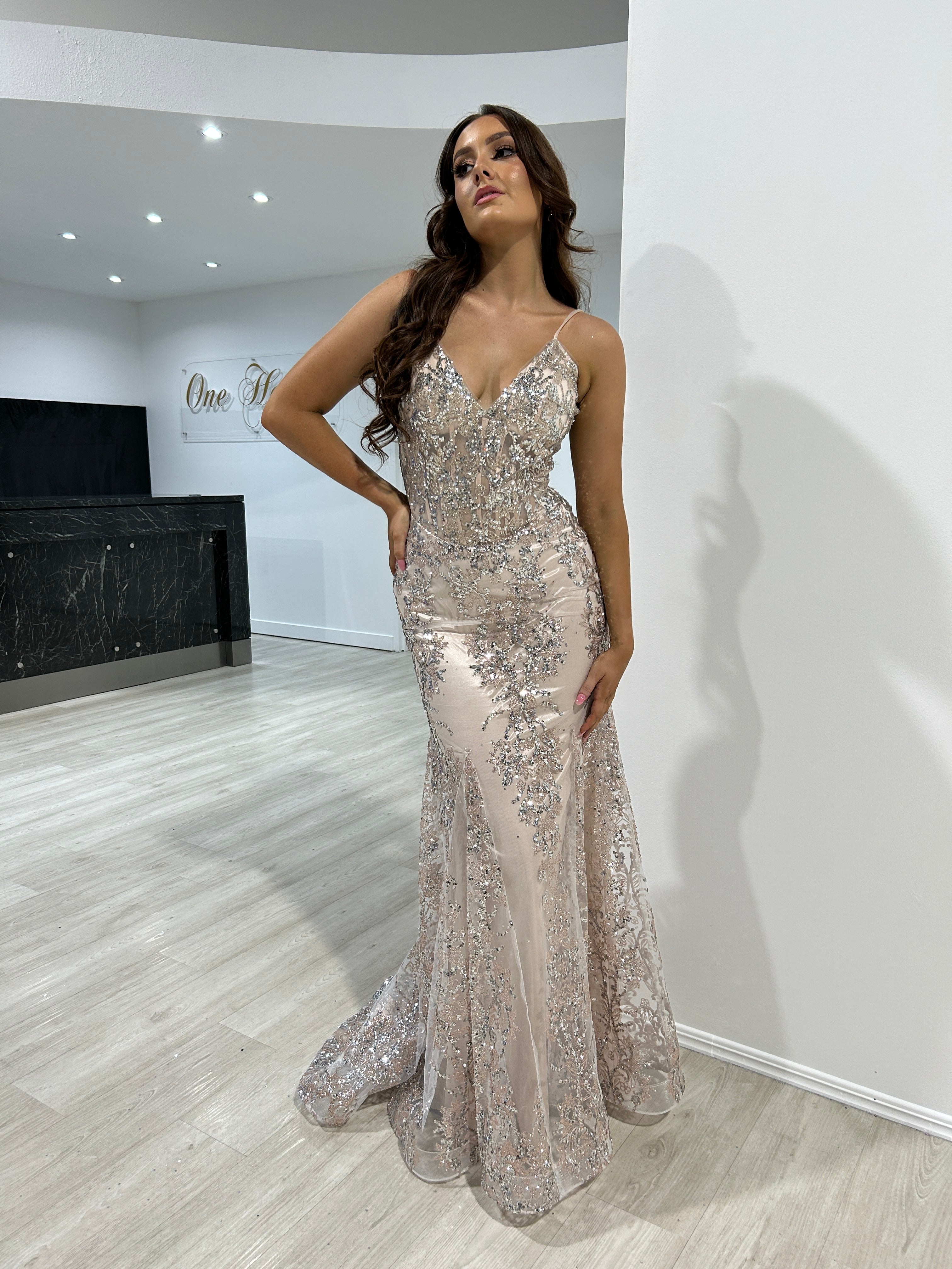 Honey Couture CAROLE Champagne Sequin Corset Mermaid Formal Gown Dress