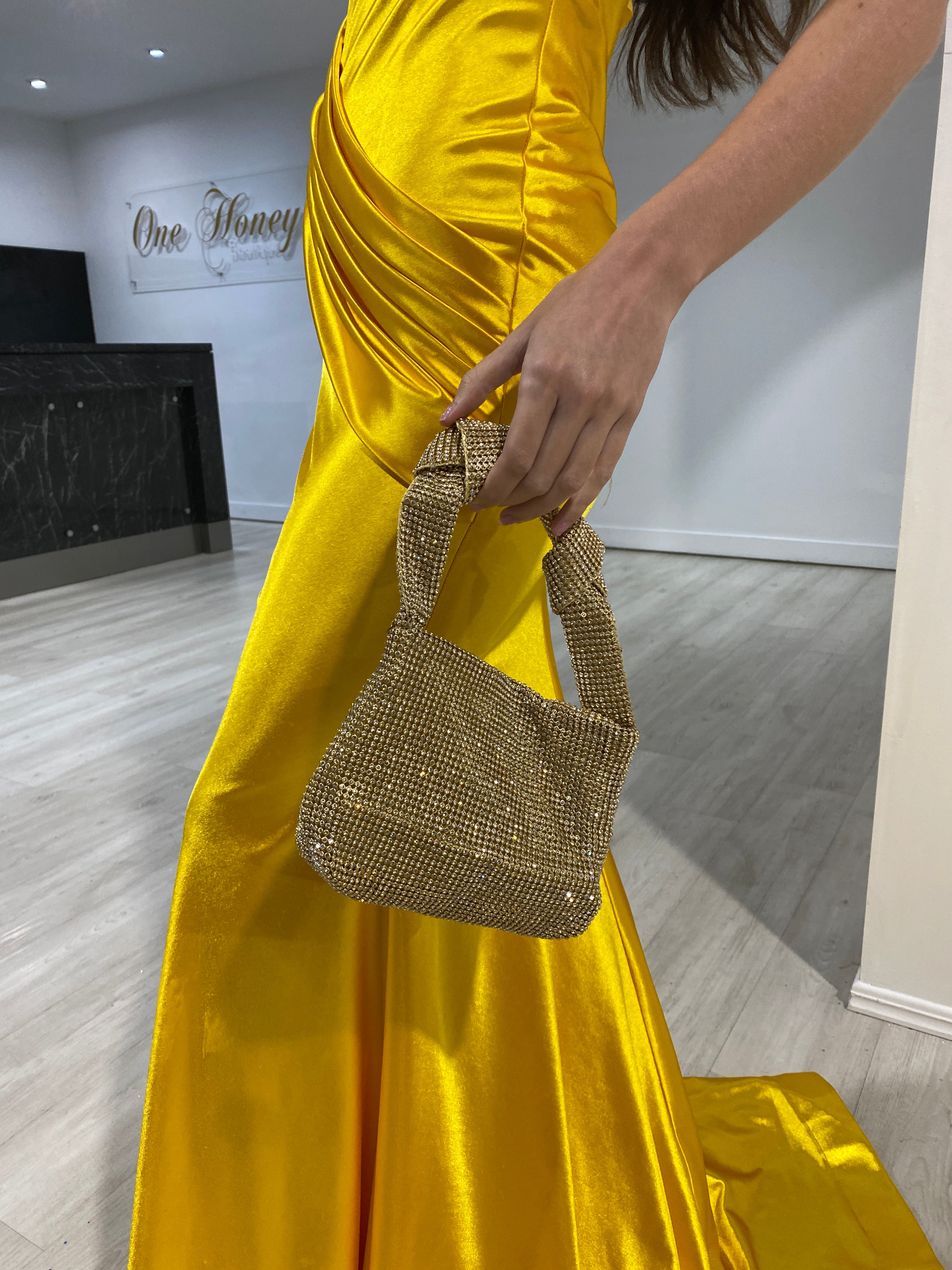 Honey Couture BOUJEE Gold Diamanté Mesh Mini Bag