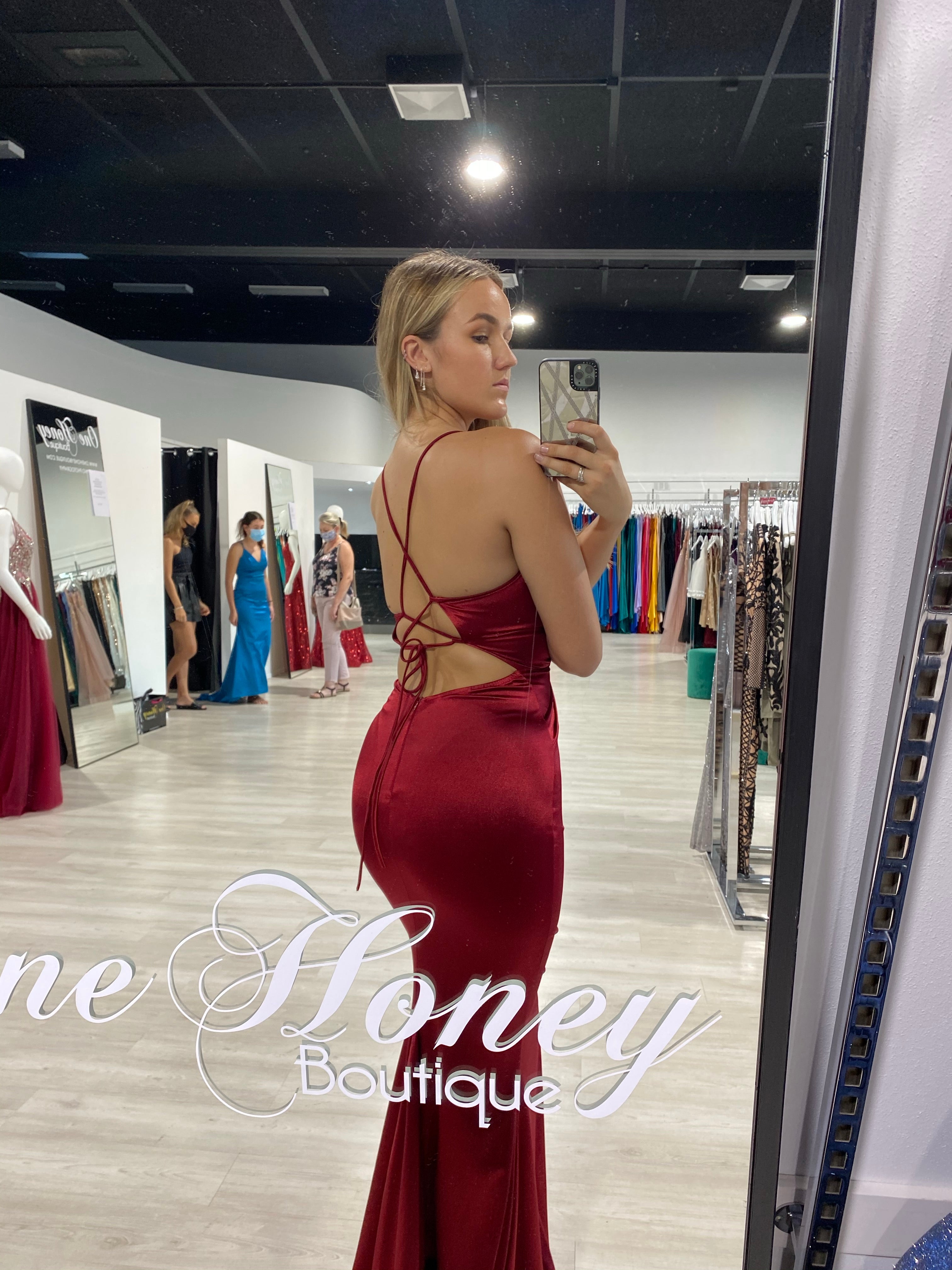Honey Couture JUSTICE Burgundy Open Back Mermaid Evening Gown Dress
