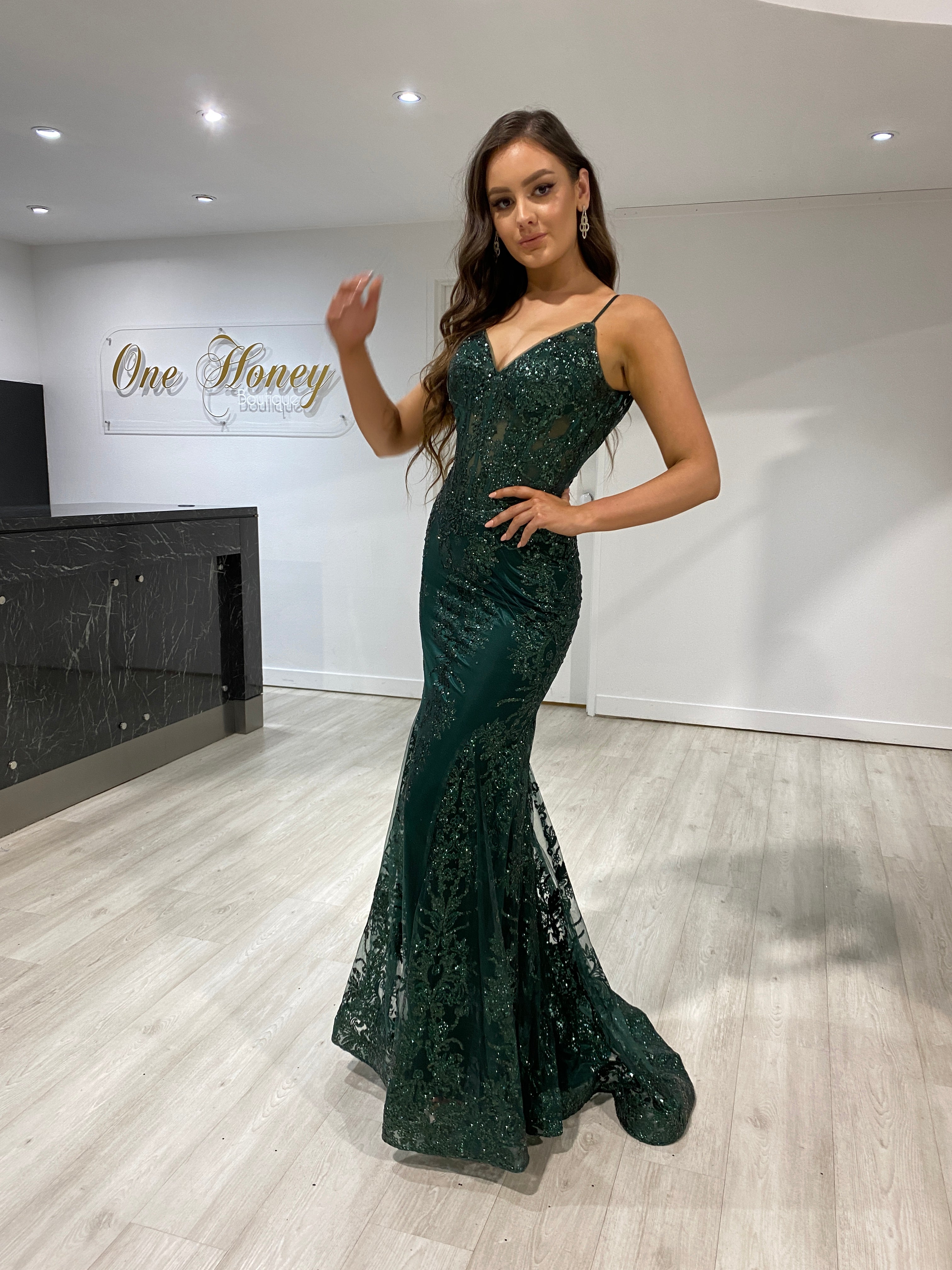 Honey Couture CAROLE Emerald Green Sequin Corset Mermaid Formal Gown Dress