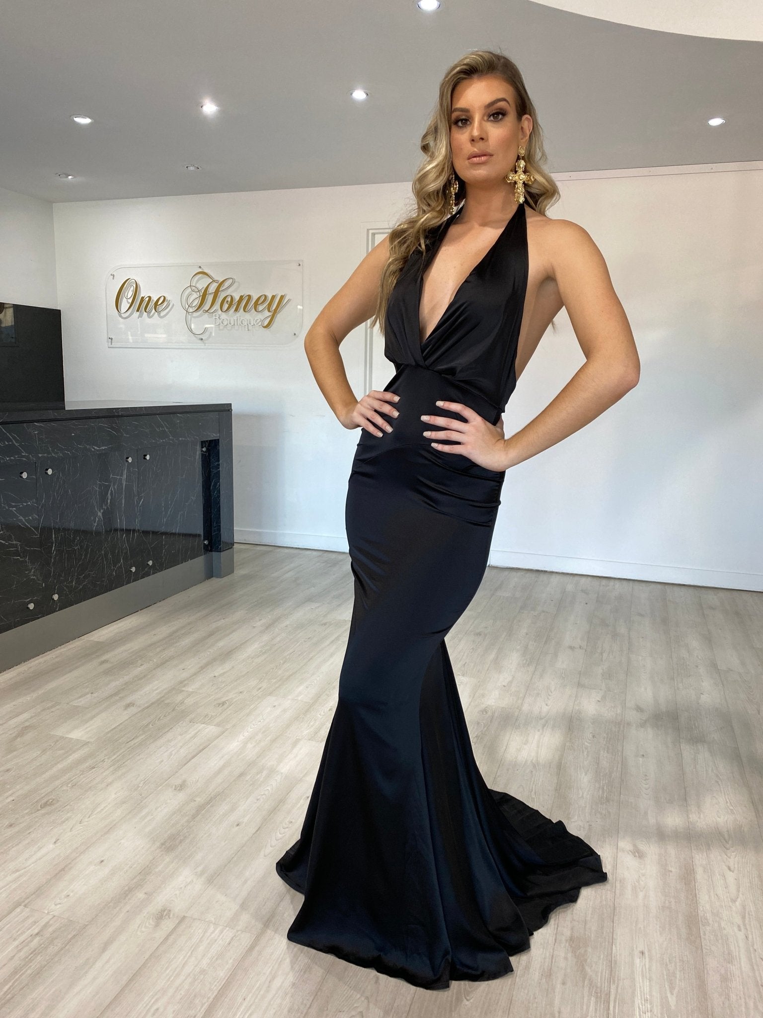 Honey Couture JODIE Black Halter Satin Mermaid Evening Gown Dress in Australia | One Honey Boutique