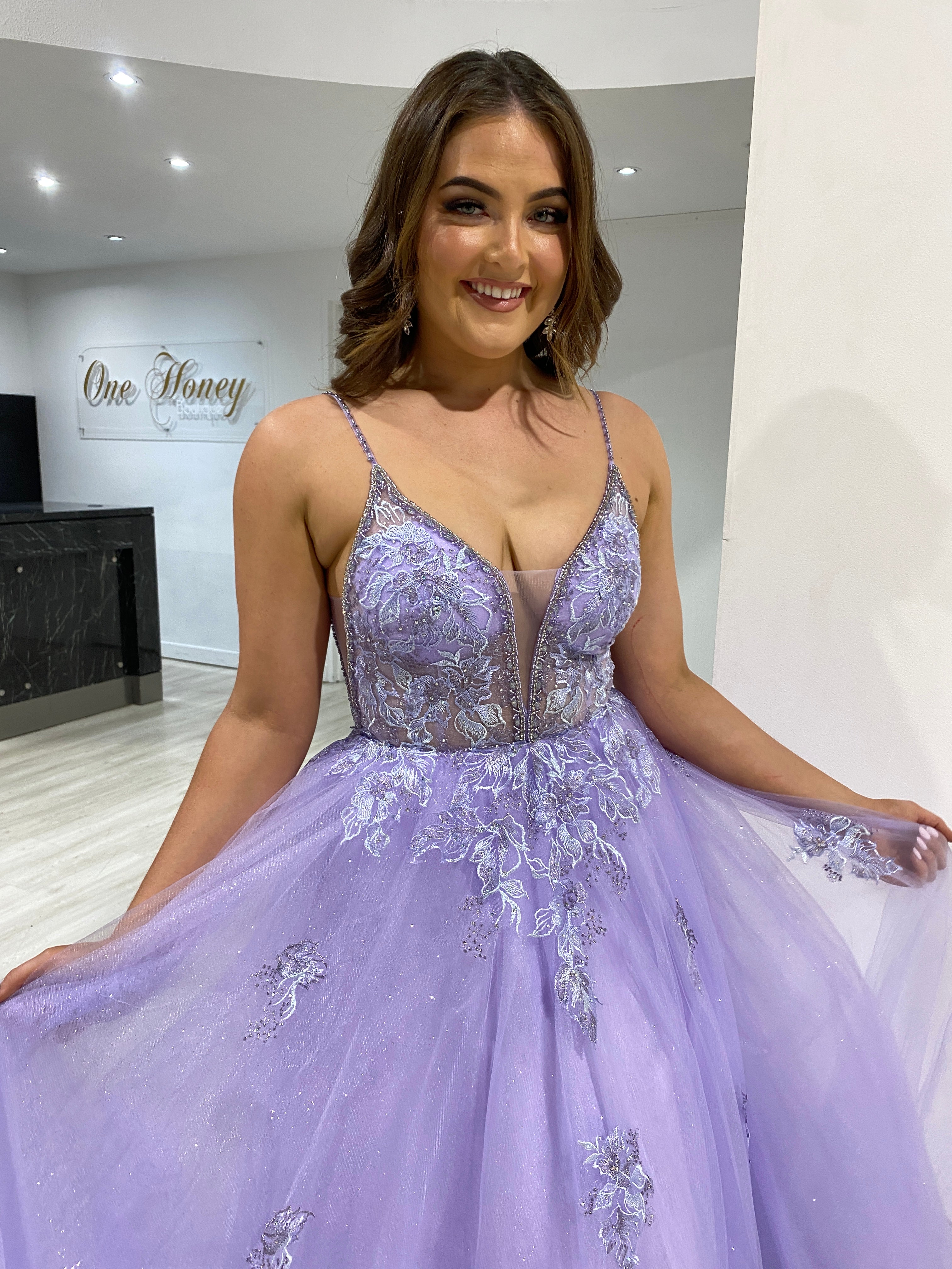 Honey Couture ROSEMARY Lilac Beaded Detail Tulle Formal Dress