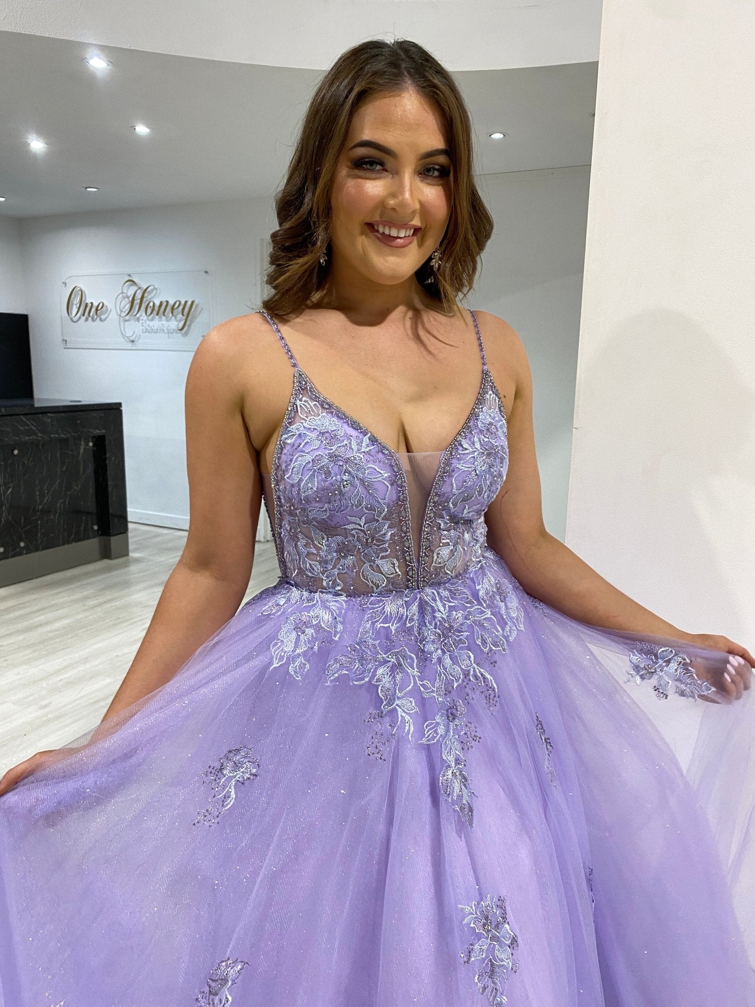 Honey Couture ROSEMARY Lilac Beaded Detail Tulle Formal Dress in Australia | One Honey Boutique