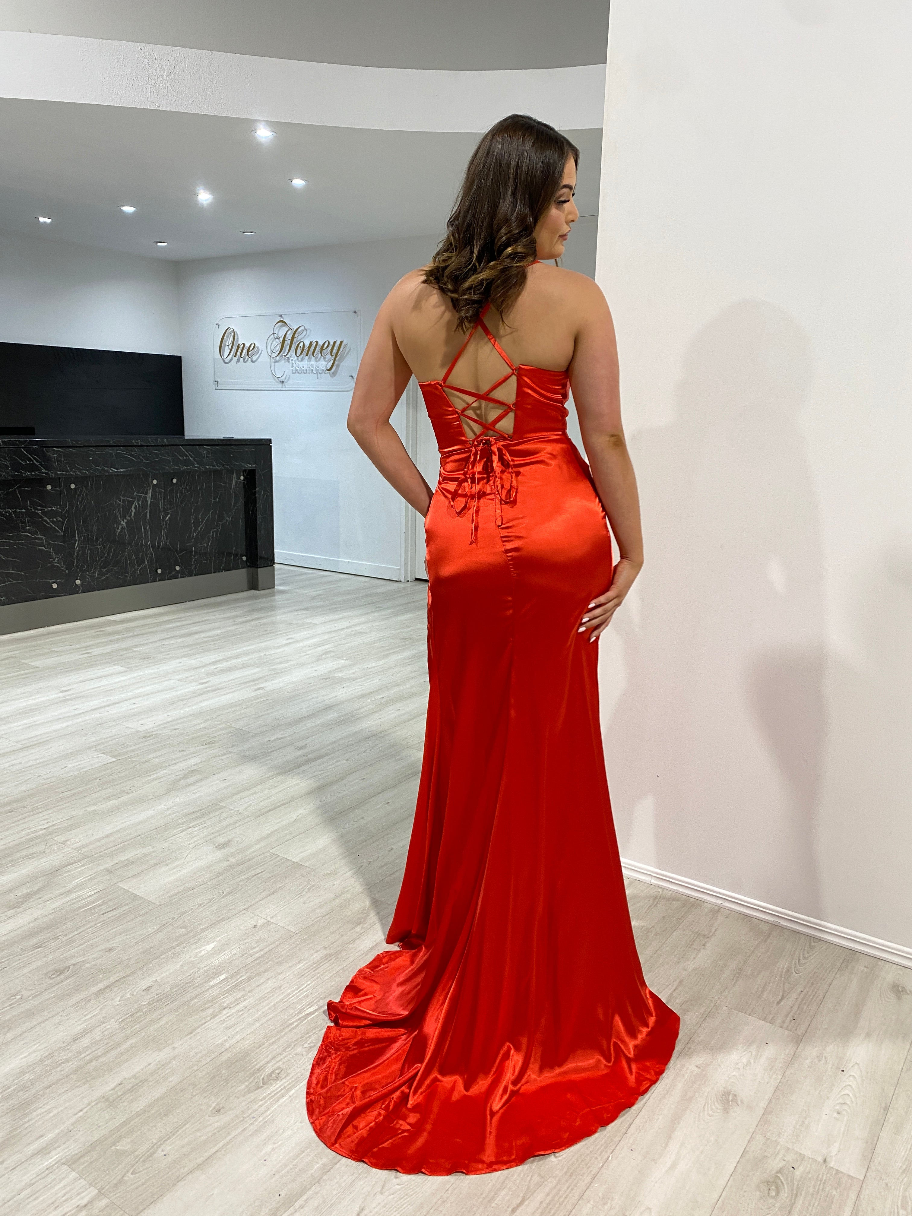 Honey Couture QUINN Red Satin Lace Up Formal Dress