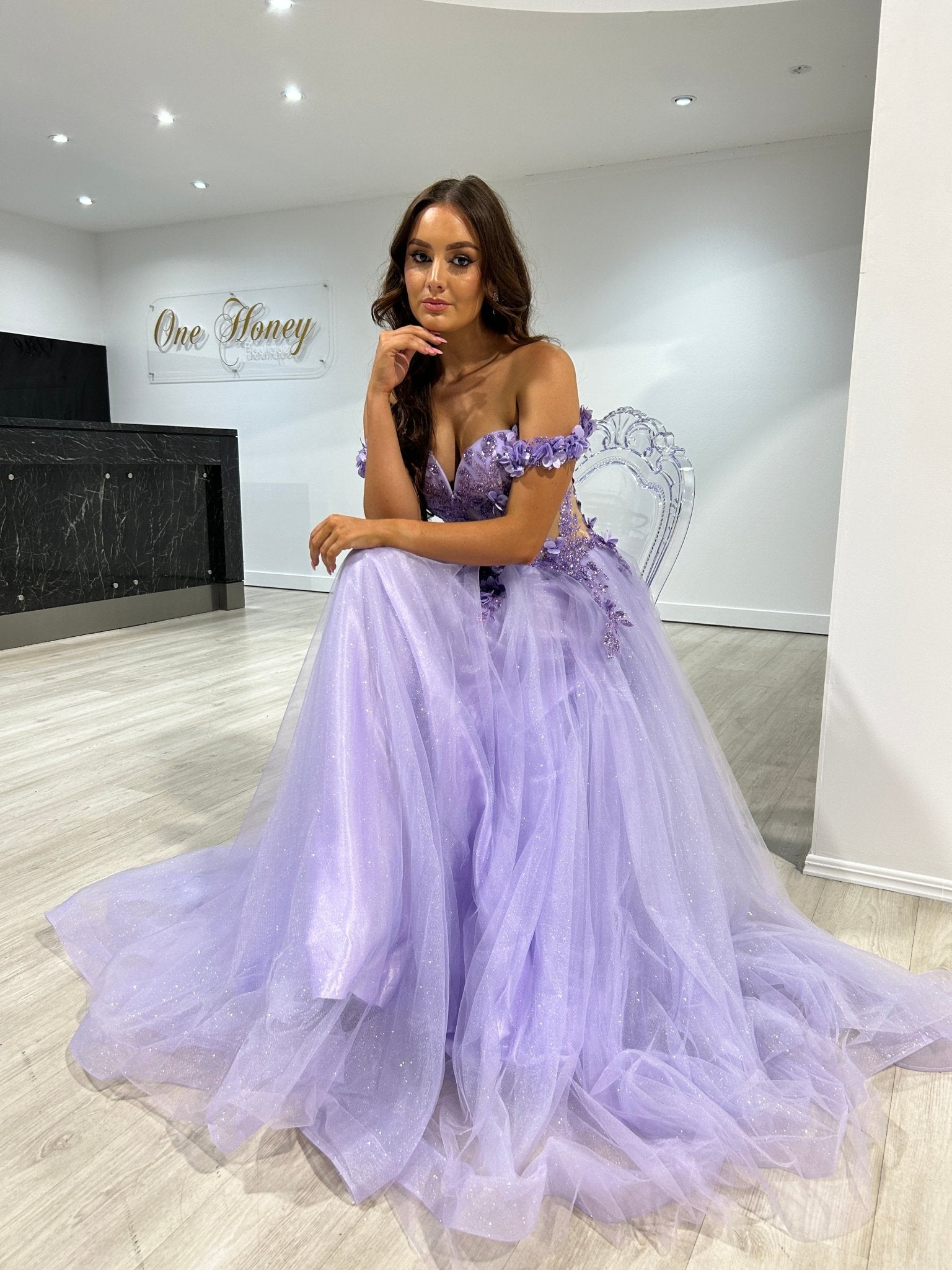Honey Couture KARRISA Lavender Glitter off the Shoulder A - Line Formal Dress in Australia | One Honey Boutique