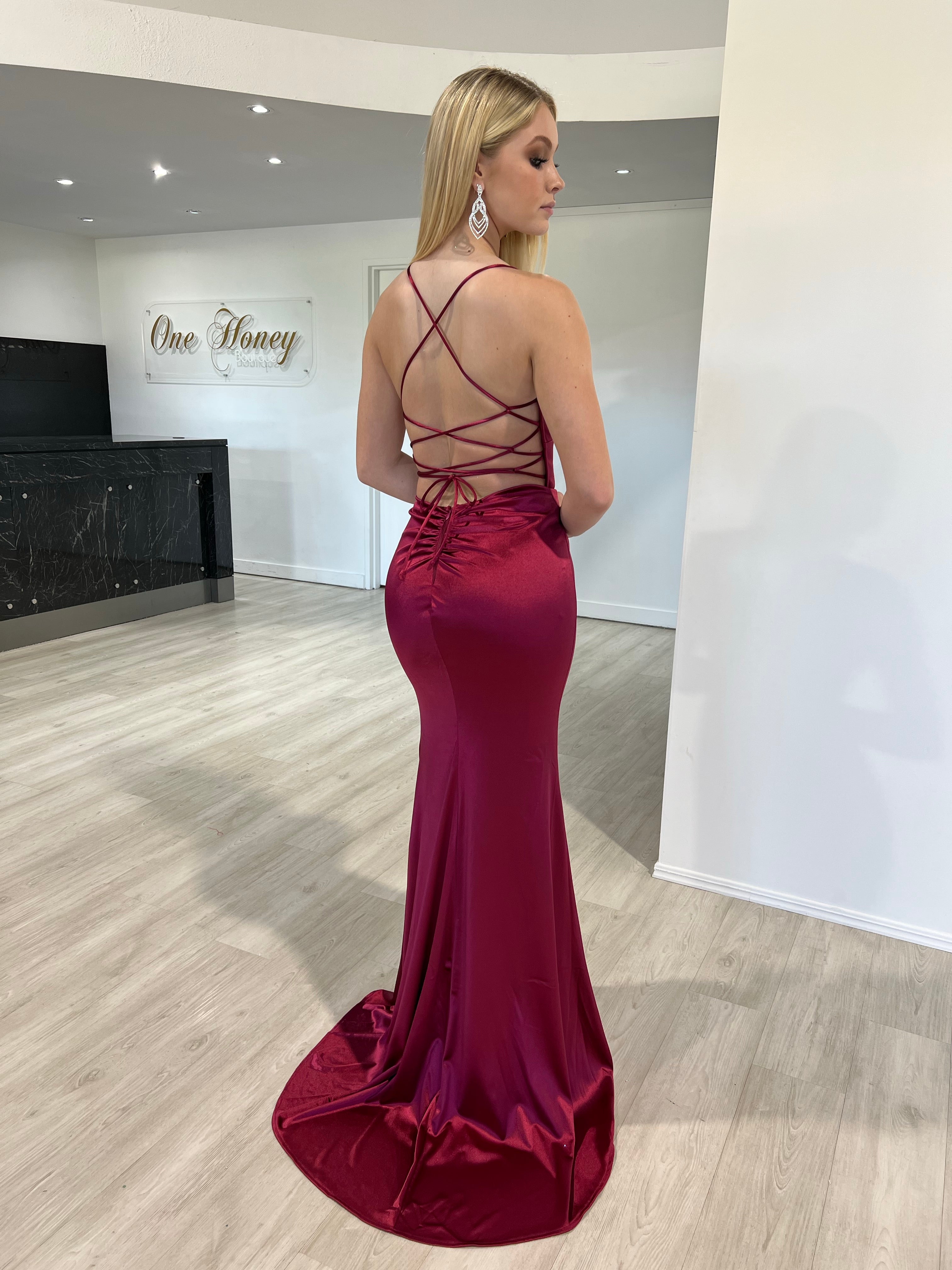 Honey Couture JALI Wine Burgundy Lace Back Silky Bum Ruching Formal Dress