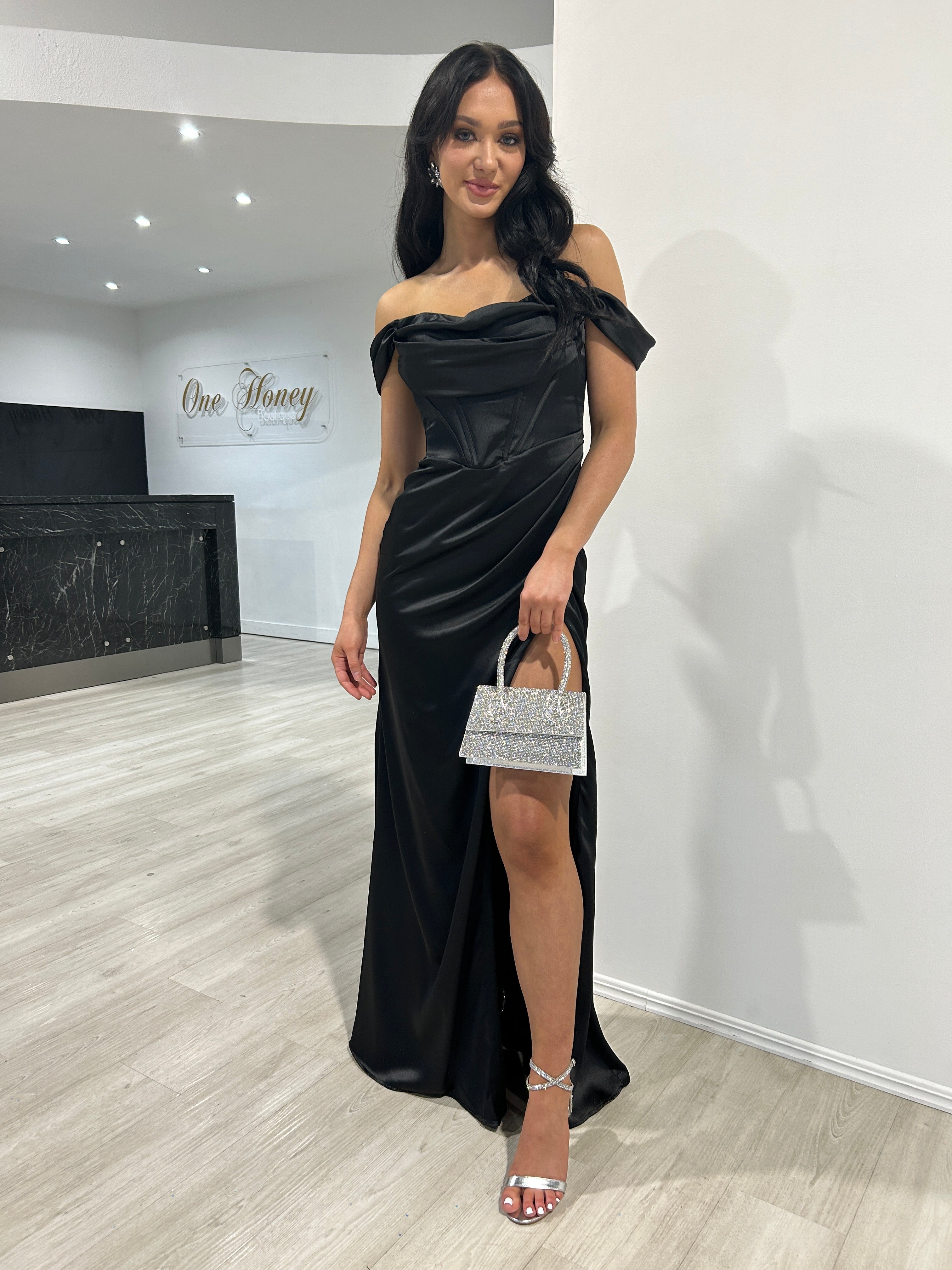 Honey Couture CECE Black Satin Off The Shoulder Corset Bustier Formal Dress