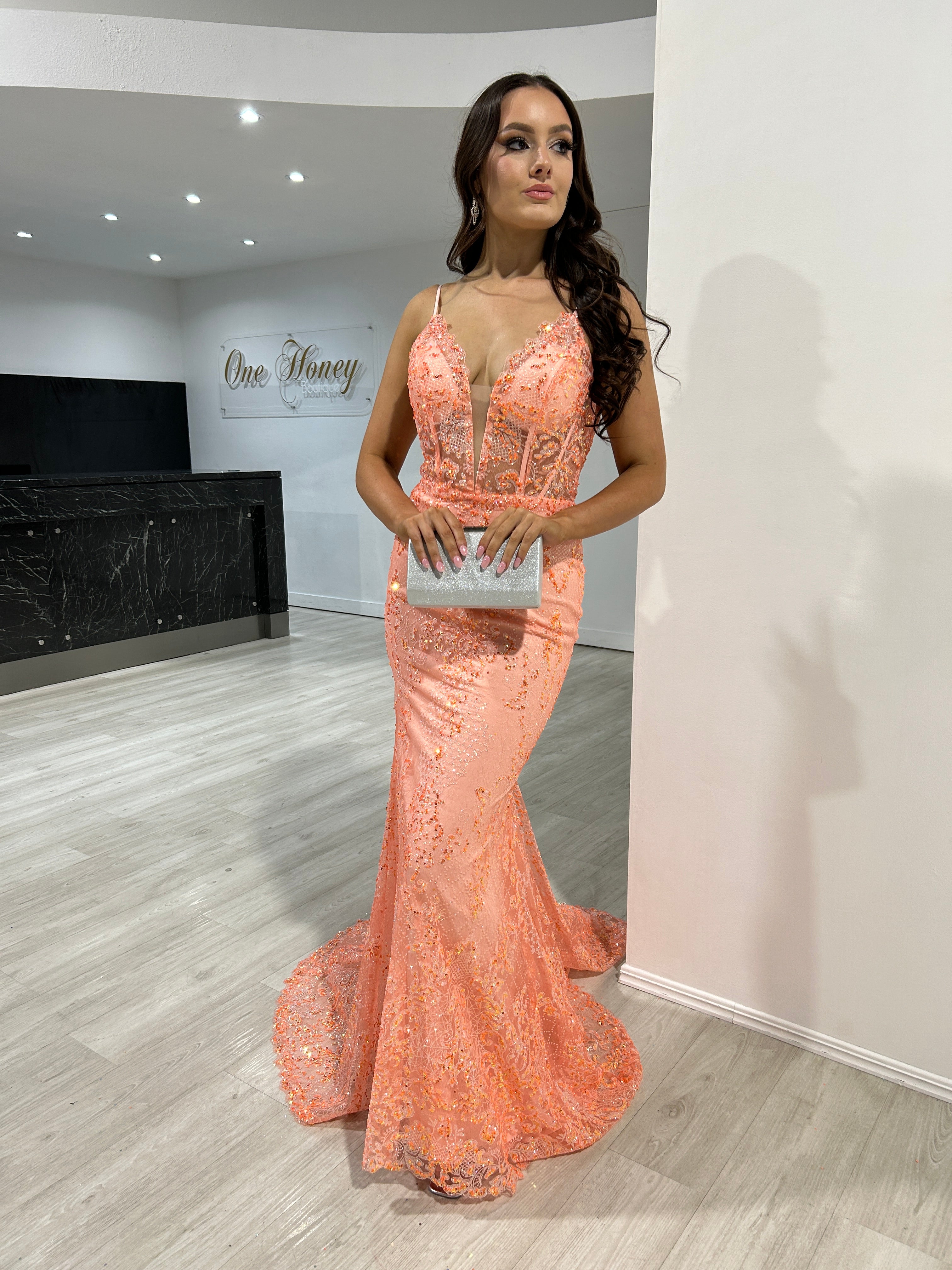 Honey Couture PETRA Neon Orange Sequin V Front Corset Mermaid Formal Gown Dress