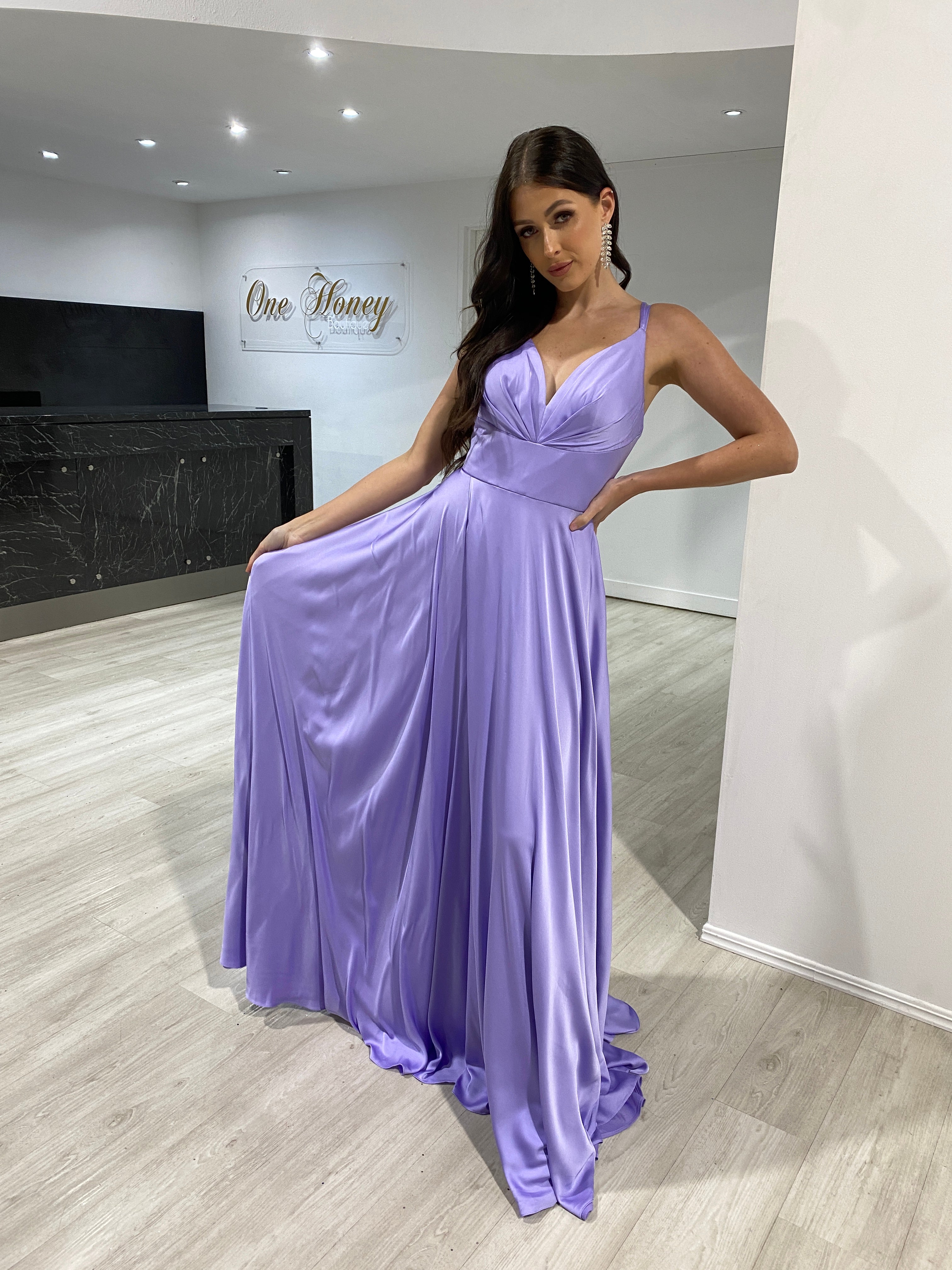 Honey Couture ROSALIA Lavender Silky A Line Formal Dress