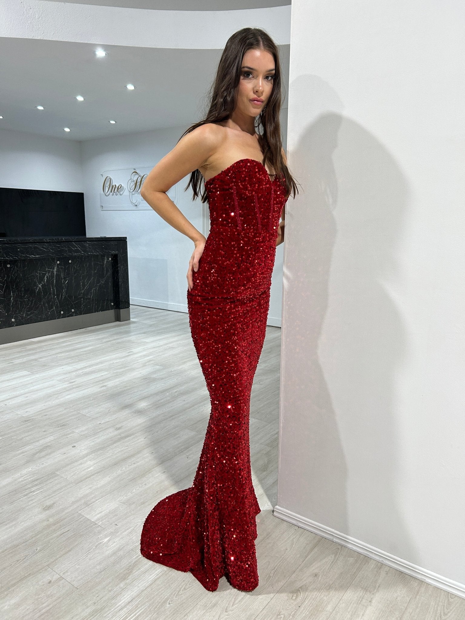 Honey Couture MADDISON Red Strapless Mermaid Evening Dress in Australia | One Honey Boutique