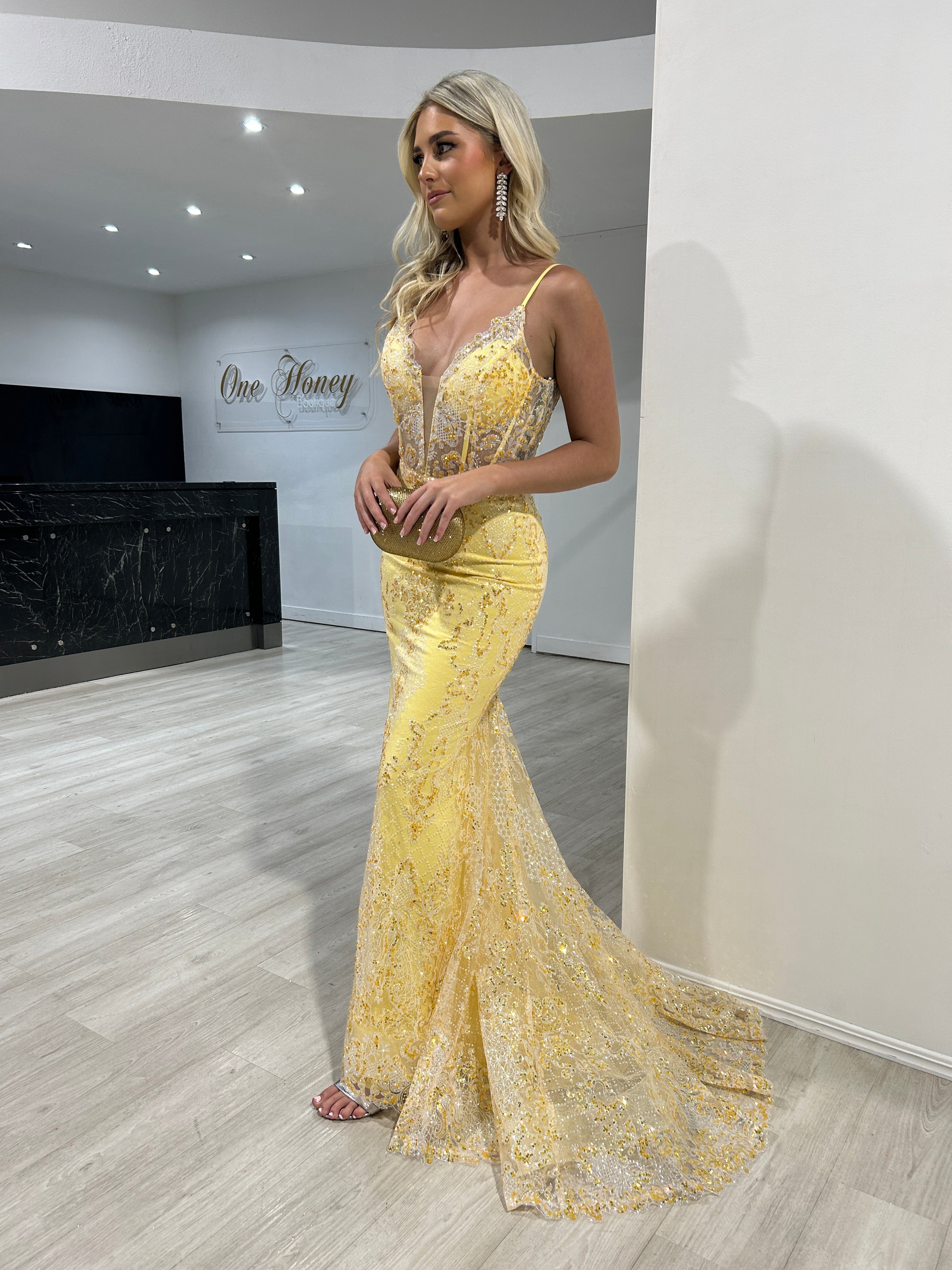 Honey Couture PETRA Yellow Sequin V Front Corset Mermaid Formal Gown Dress