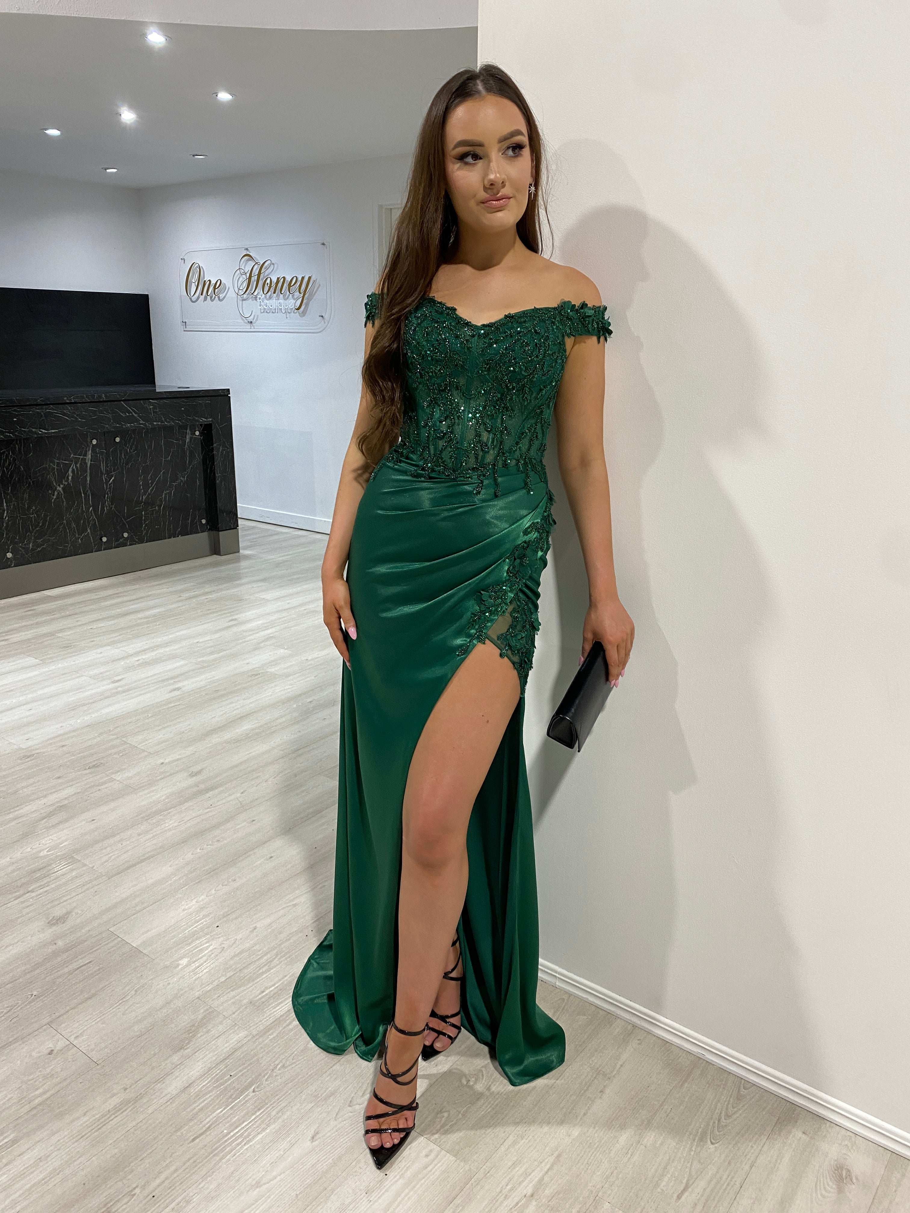 Honey Couture THELMA Emerald Green Sequin Bustier Corset Satin Mermaid Formal Dress