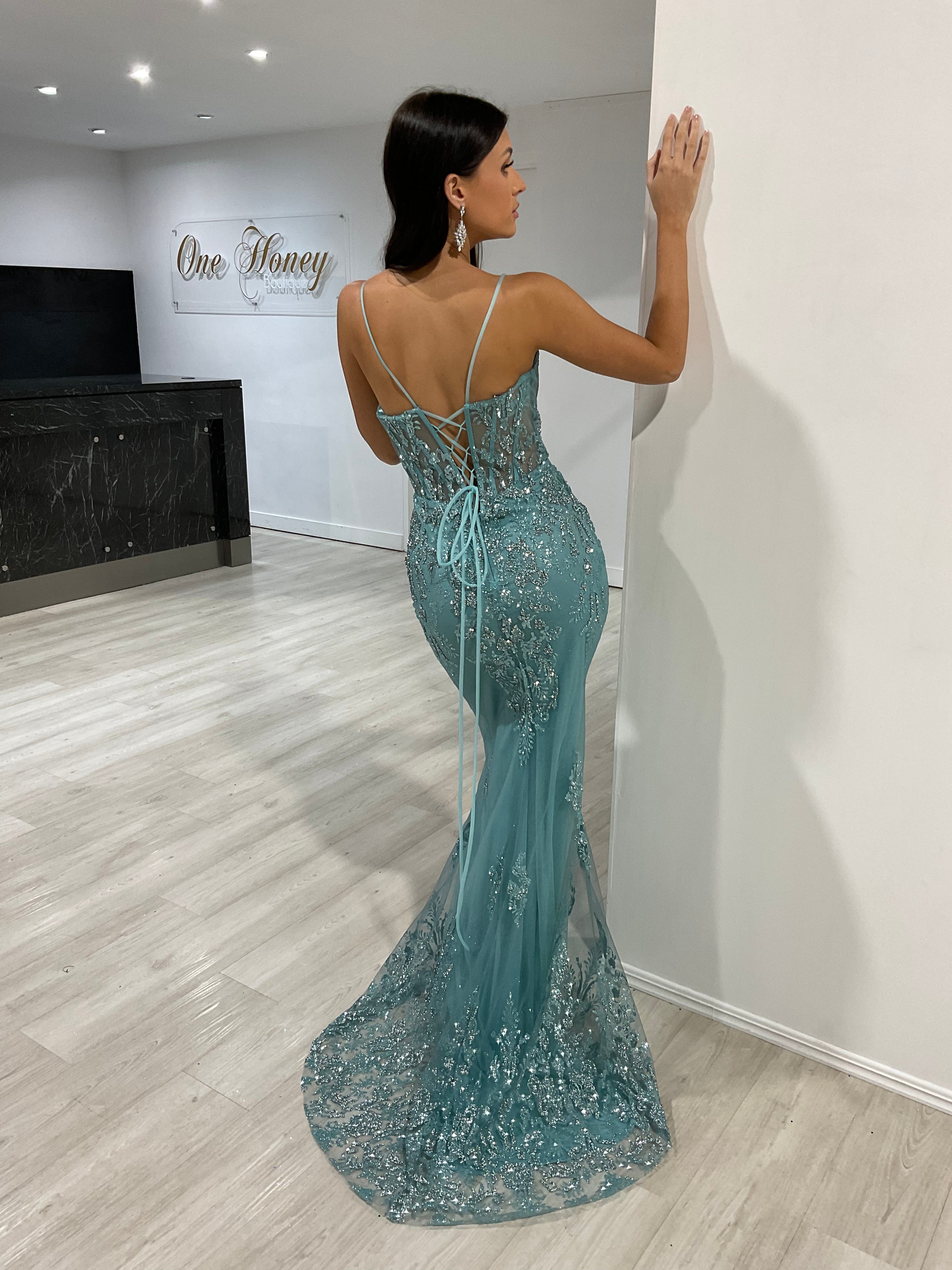 Honey Couture SHONTAE Dusty Blue Sequin Corset Mermaid Formal Gown Dress