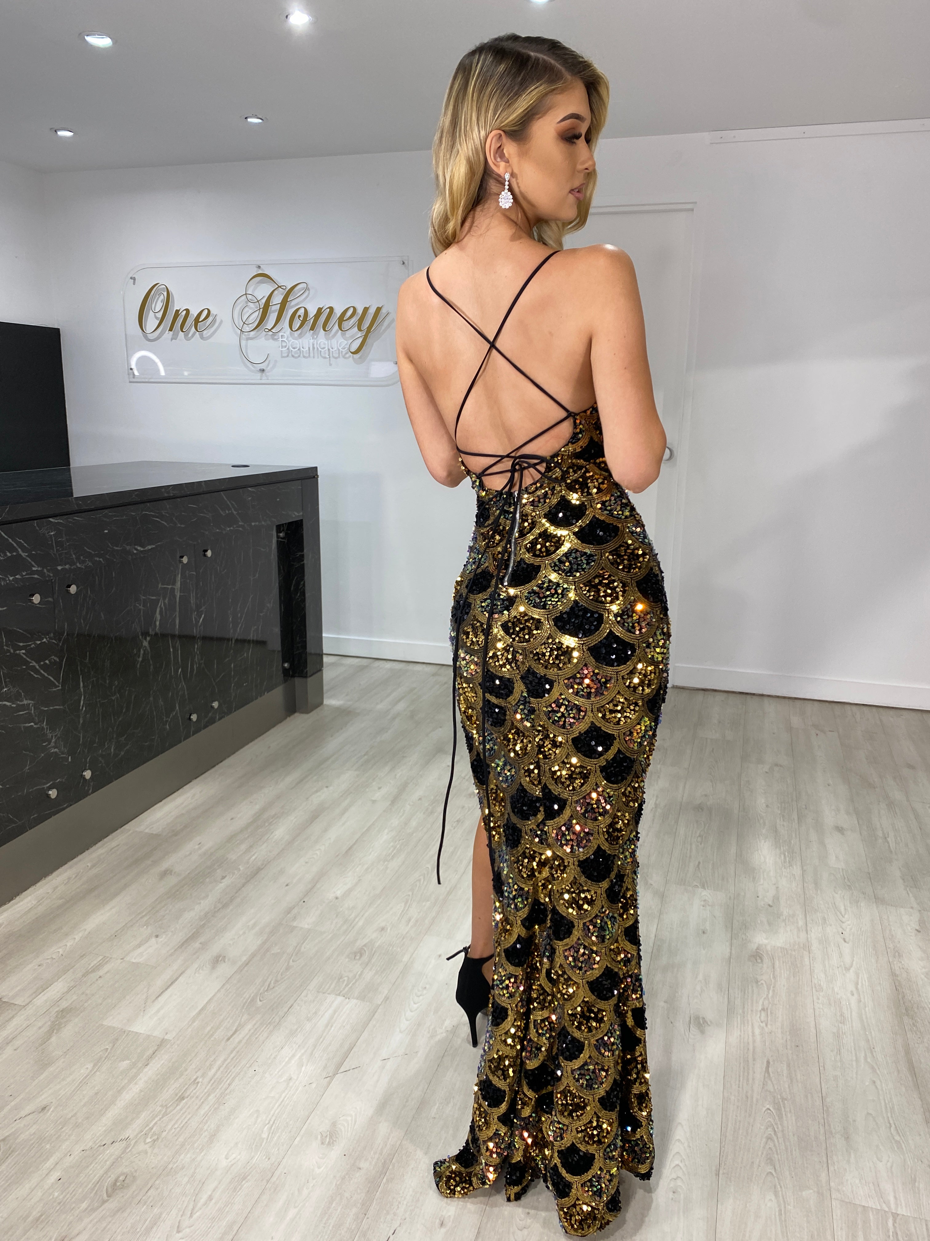 Honey Couture ROSITA Black & Multi Colour Gold Sequin Tie Up Back Formal Dress