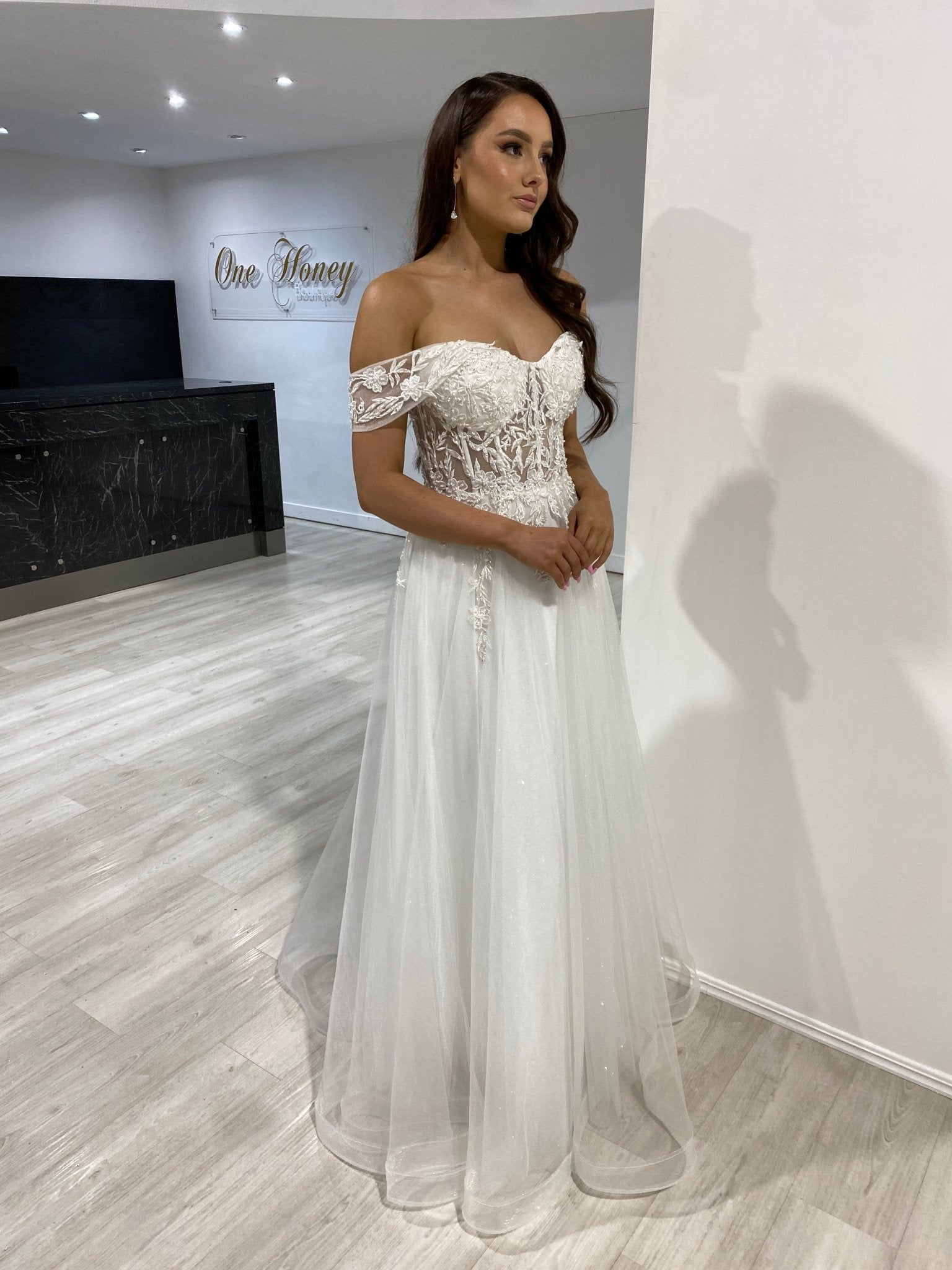 DEJA White Lace Applique Corset Bridal Wedding Ballgown in Australia | One Honey Boutique