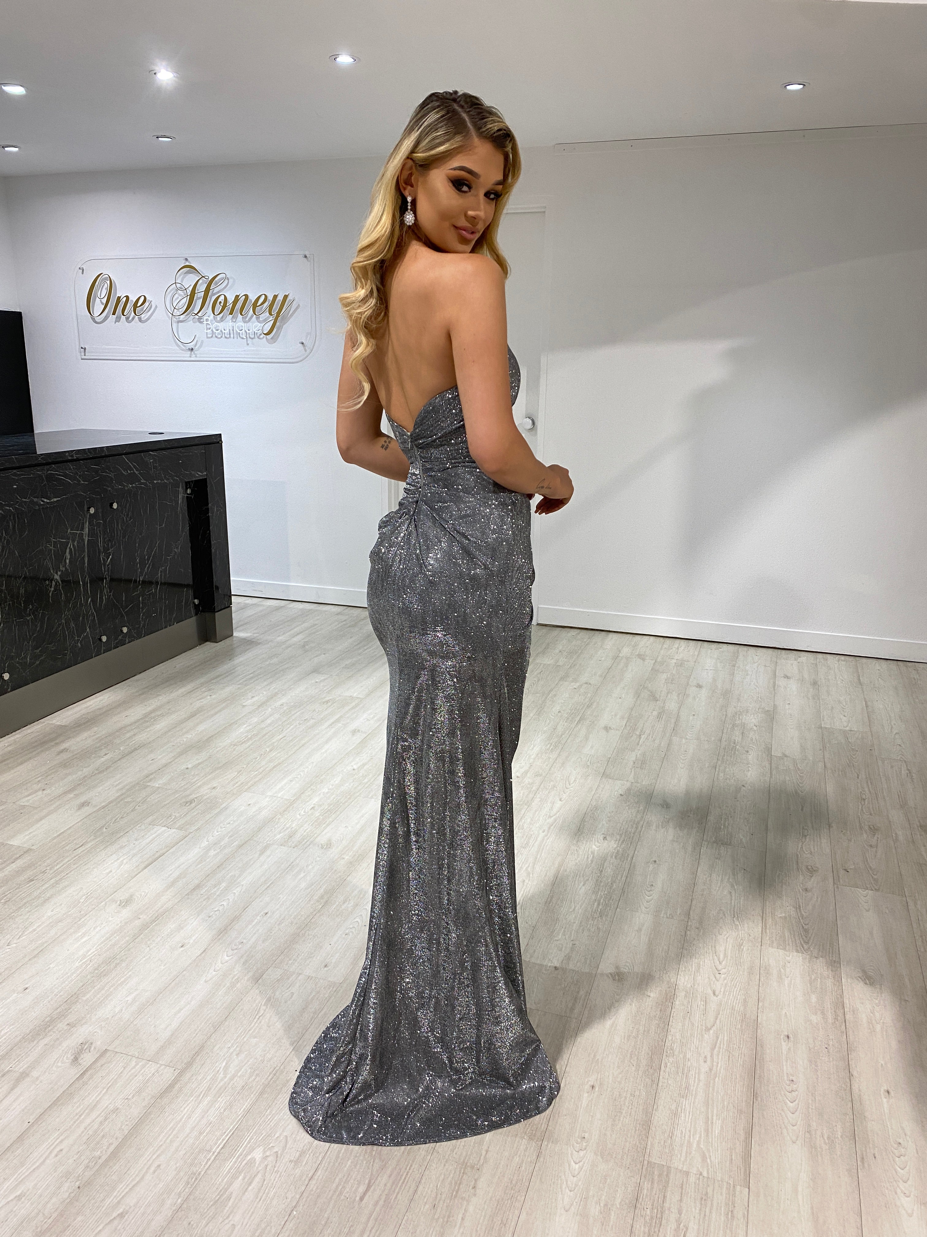 Honey Couture ADRIA Silver Grey Shimmer Strapless Formal Gown Dress