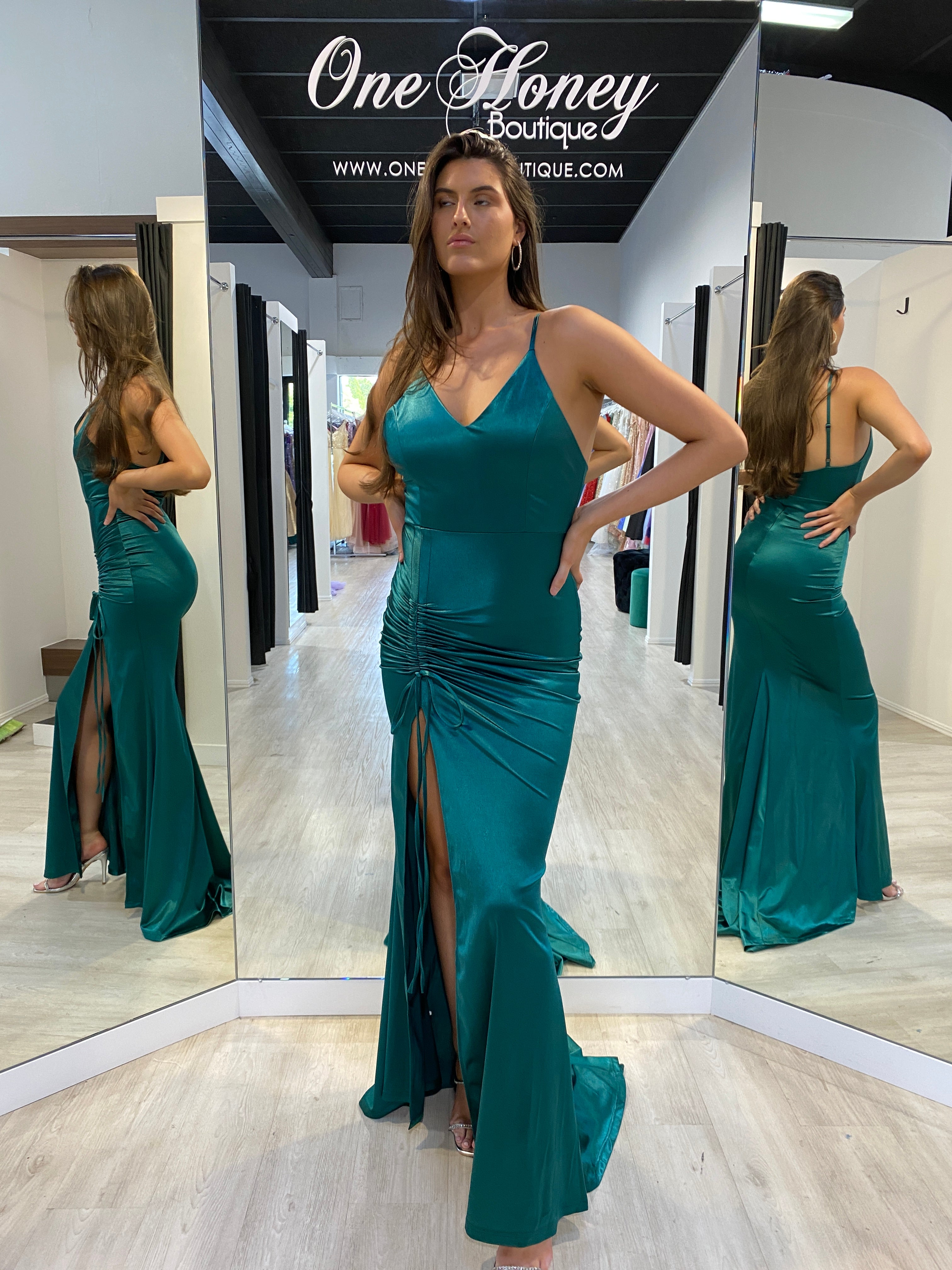 Honey Couture SIBYLLE Emerald Green Silky Mermaid Formal Dress