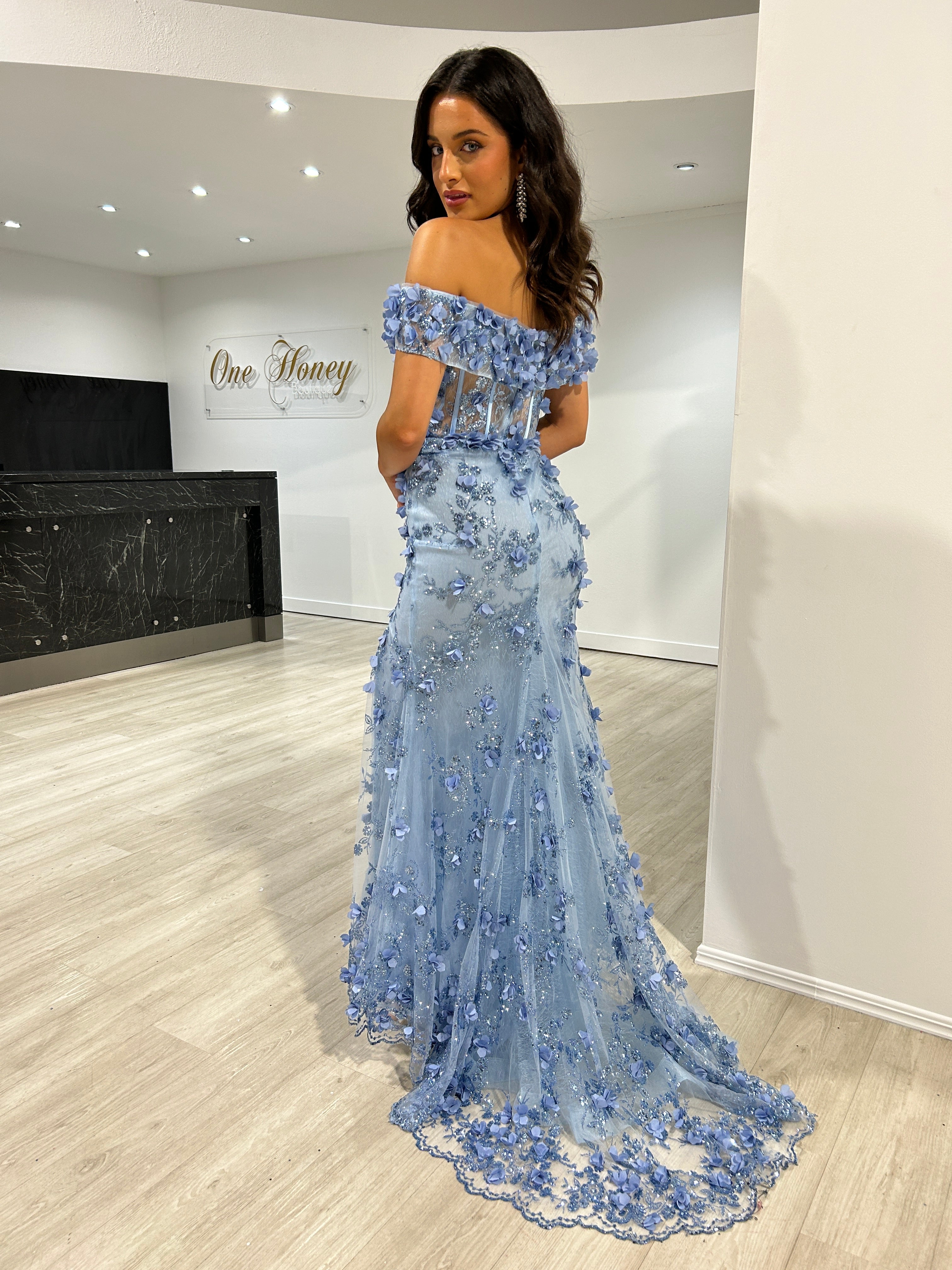 Honey Couture LARRISA Paris Blue Glitter off the Shoulder Mermaid Formal Dress