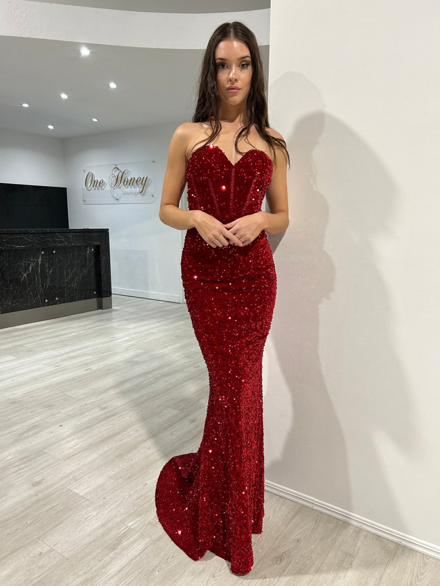 Honey Couture MADDISON Red Strapless Mermaid Evening Dress in Australia | One Honey Boutique