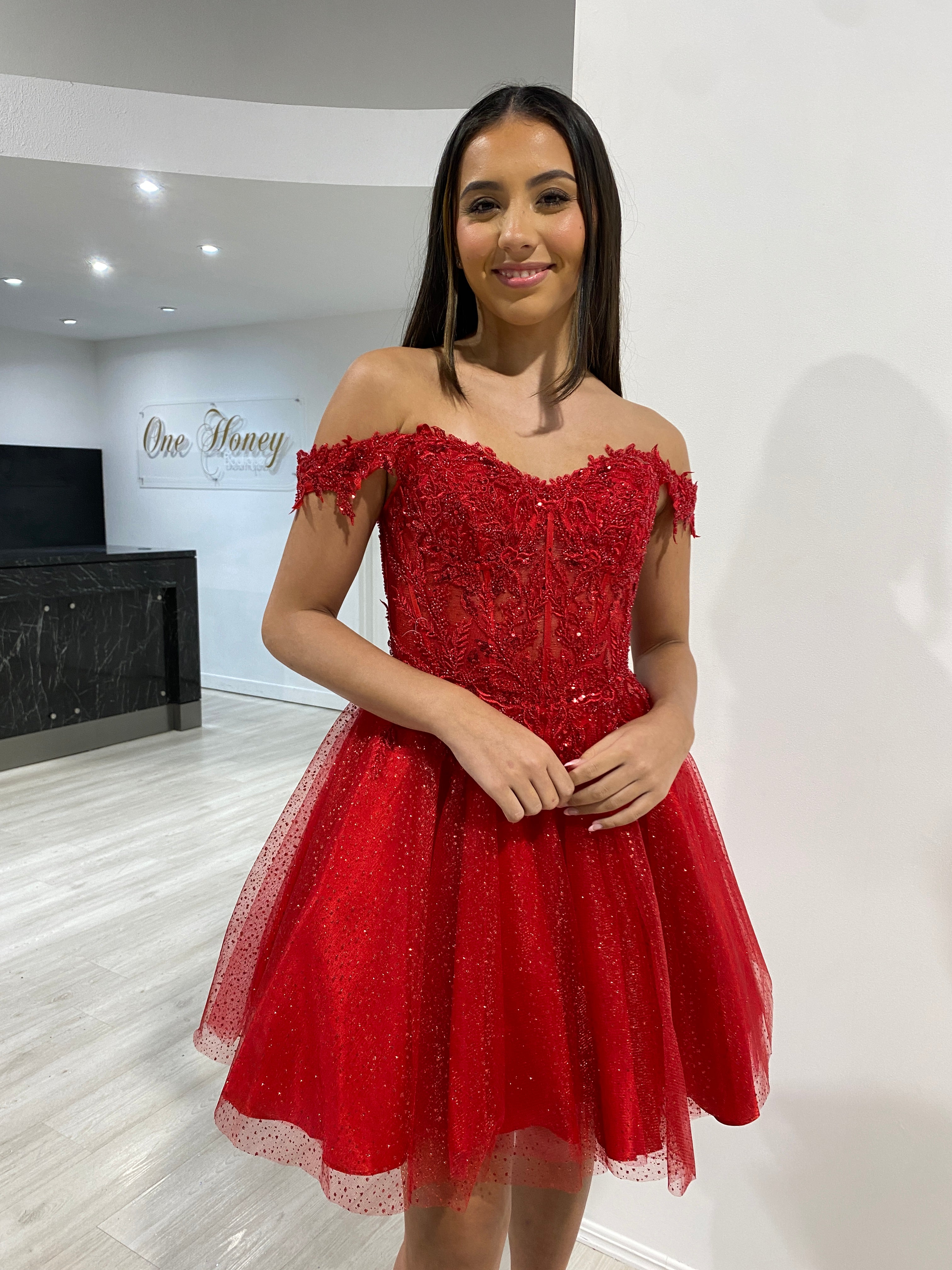 Honey Couture NICOLETTE Red Off the Shoulder Beaded Tulle Frilly Party Dress