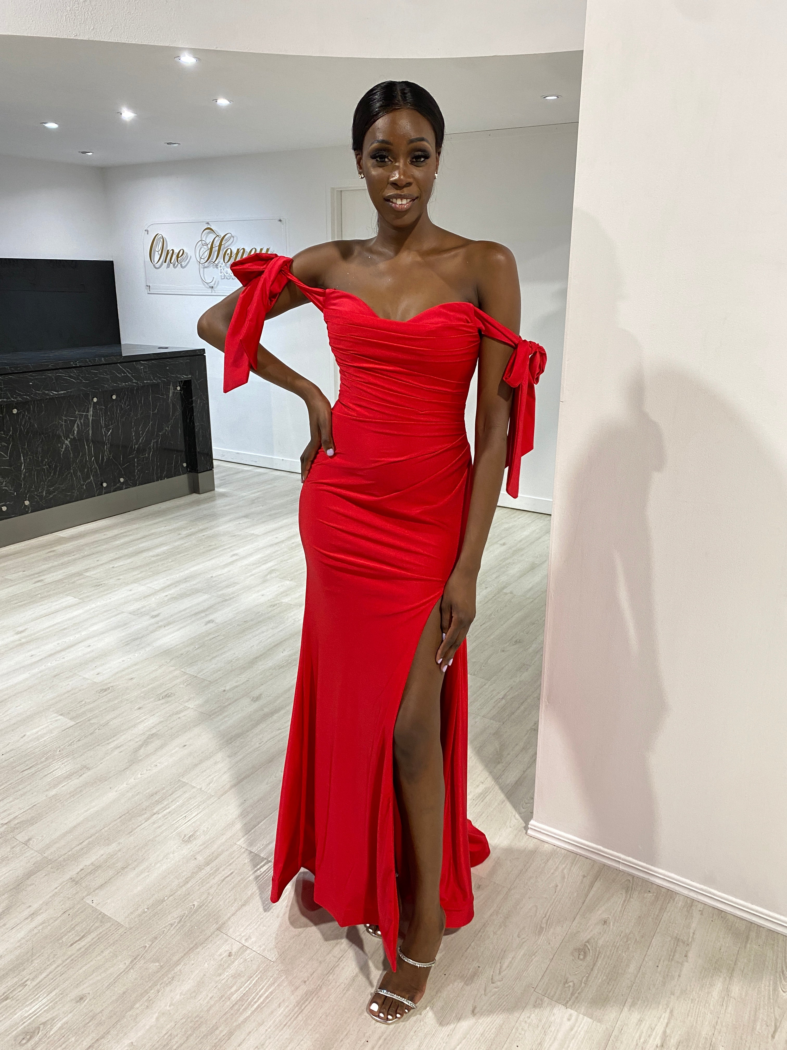 Honey Couture BELLE Red Off Shoulder Mermaid Formal Dress