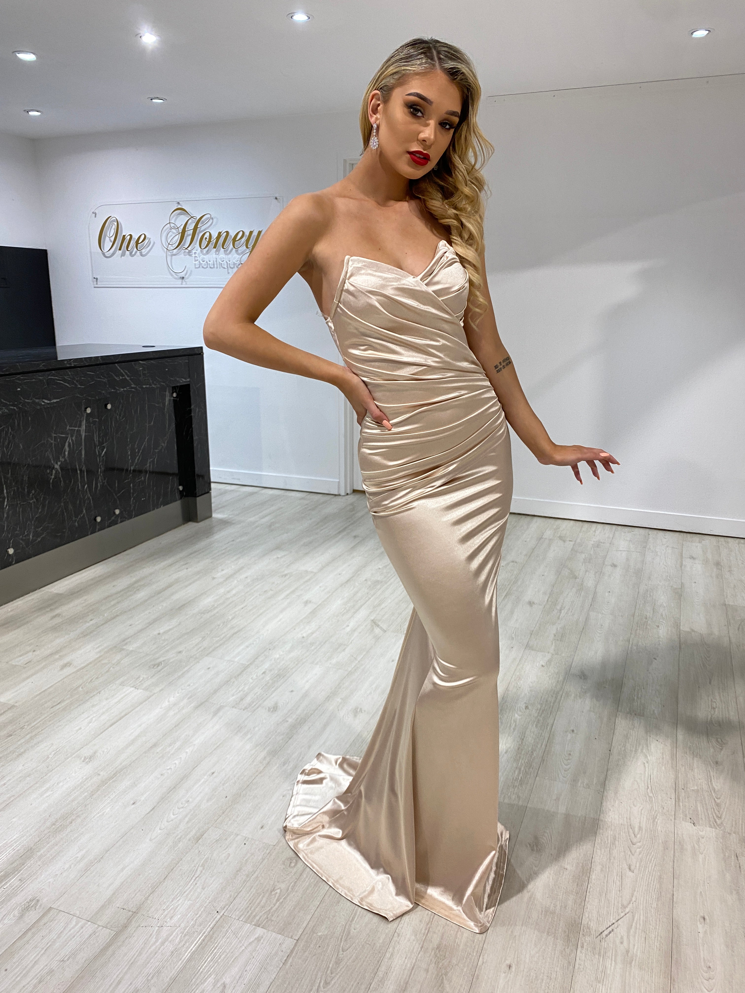 Honey Couture AZALIA Gold Silky Bustier Strapless Mermaid Formal Dress