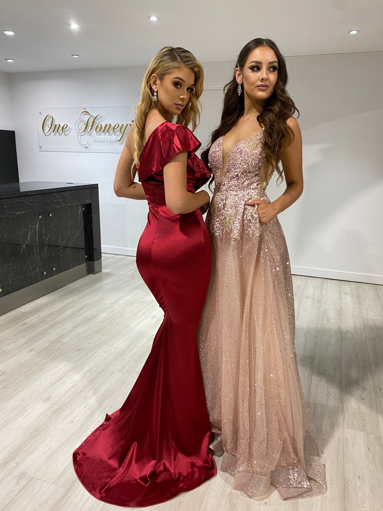 Honey Couture ALEXIS Burgundy Silky Frilly One Shoulder Mermaid Formal Dress in Australia | One Honey Boutique