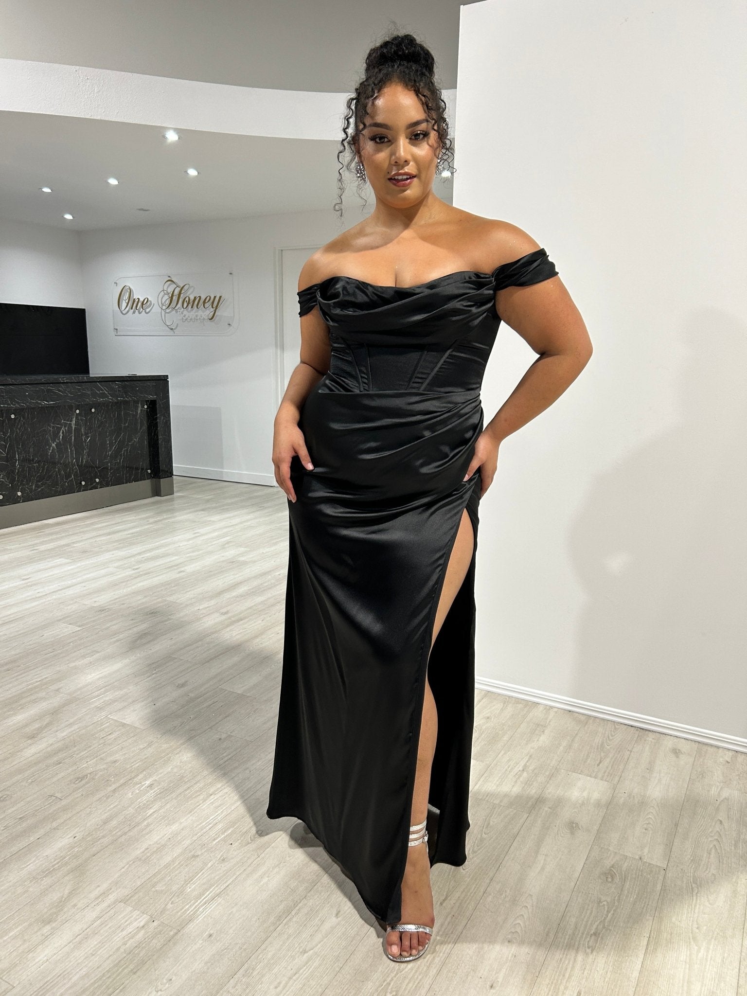 CECE Curve Satin Off The Shoulder Corset Bustier Bridesmaid Formal Dress in Australia | One Honey Boutique